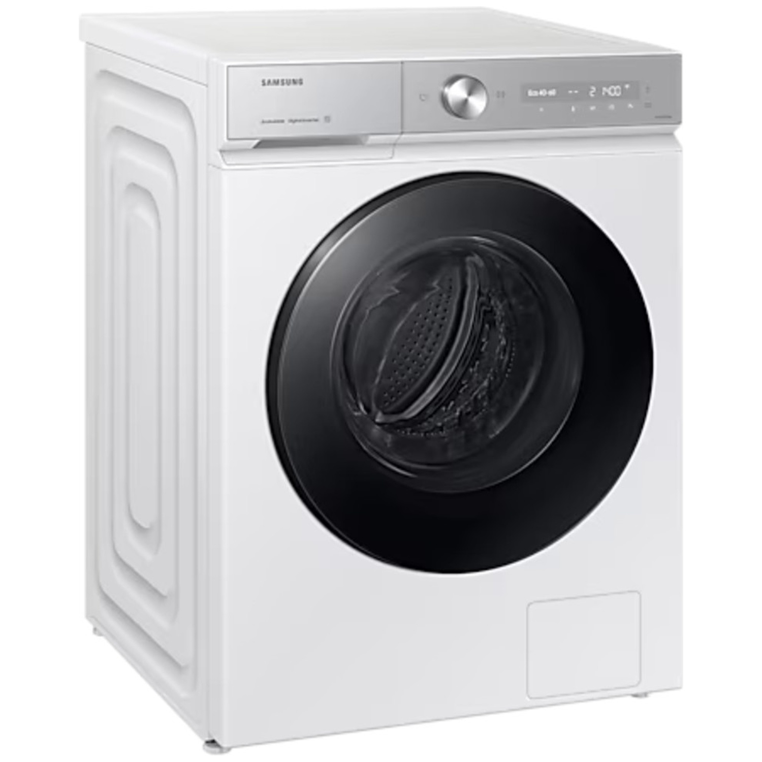 A white Samsung washing machine with a black glass door and silver control panel on a white background.