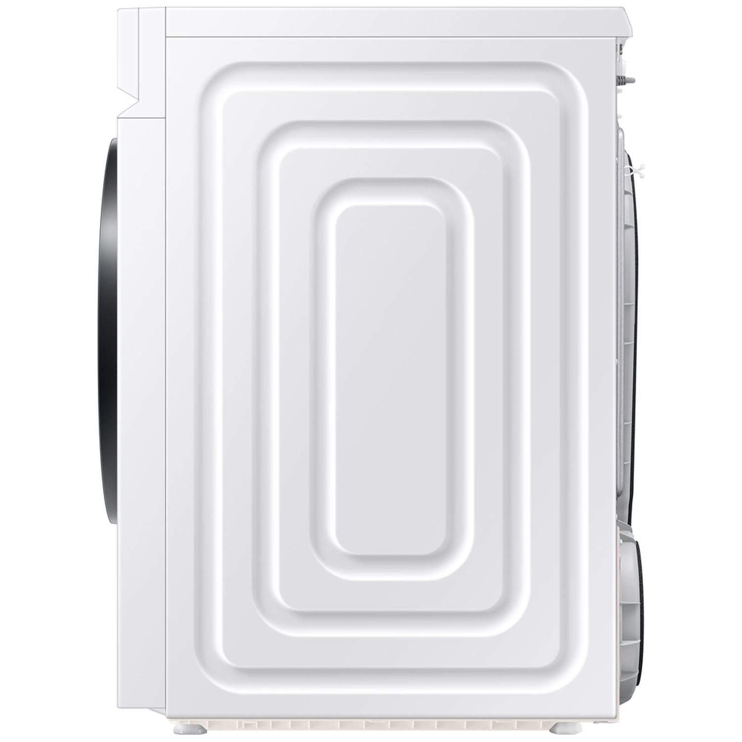 Zijaanzicht van een witte wasmachine met reliëfringen.