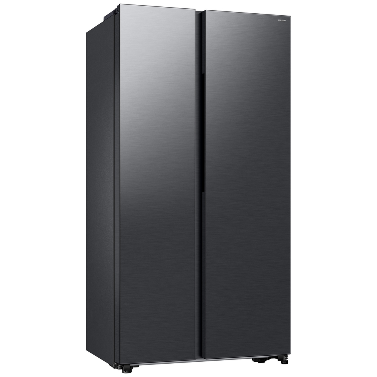 A large, dark stainless steel double door refrigerator stands on a white background.