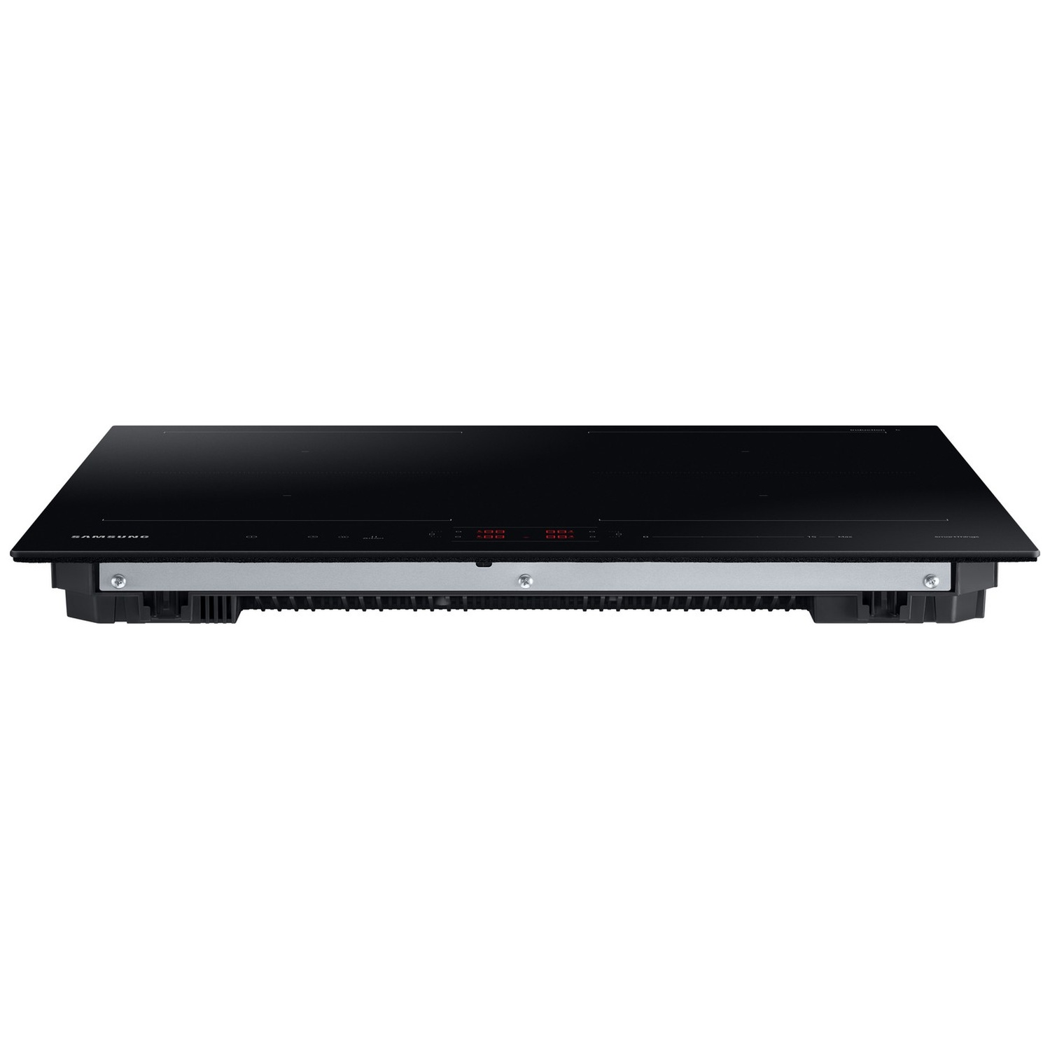 Black Samsung induction cooktop viewed from the front with touch control and a silver frame.