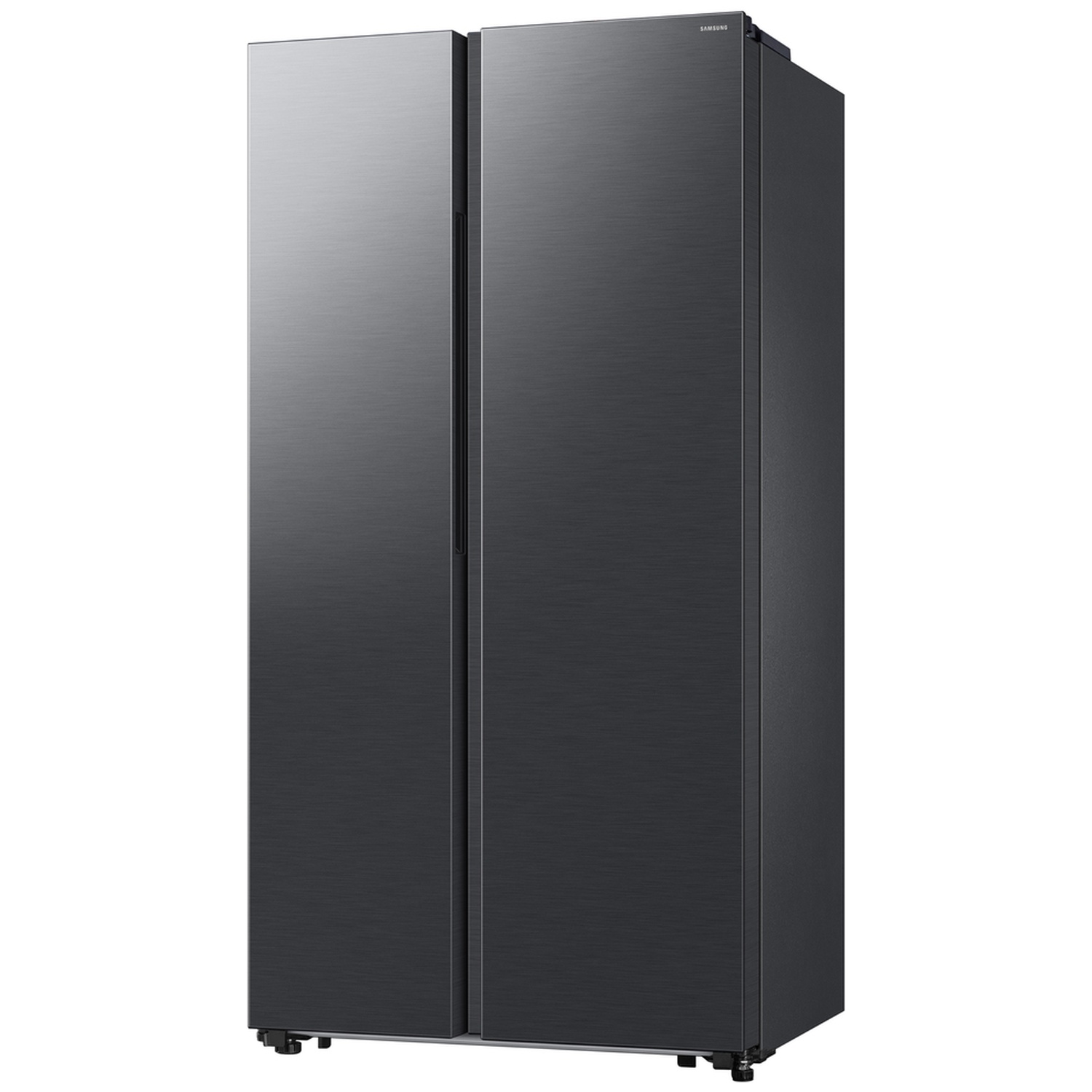 A modern, dark grey Samsung side-by-side refrigerator with a brushed metal finish.