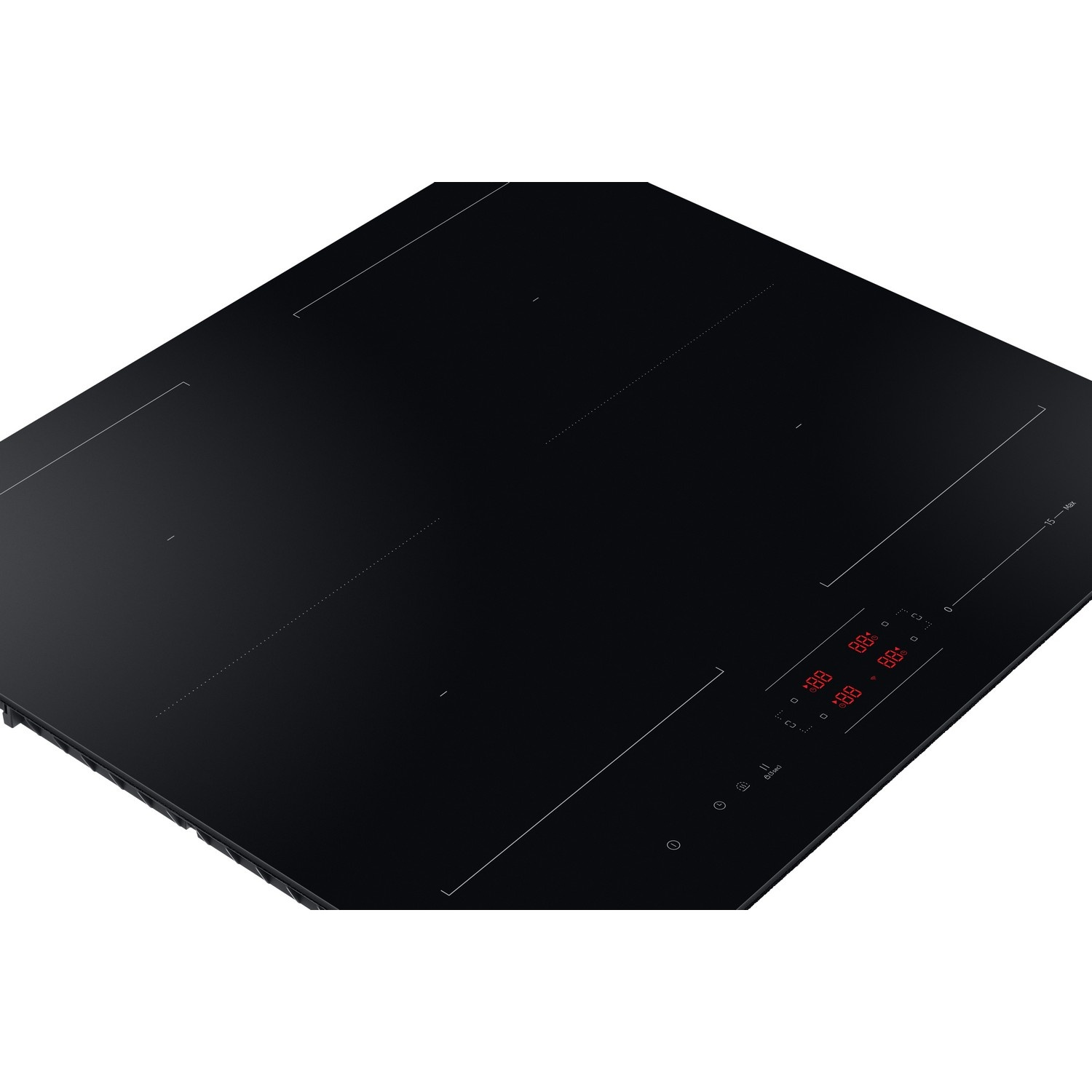 Close-up of a black induction cooktop with touch controls and red digital displays.