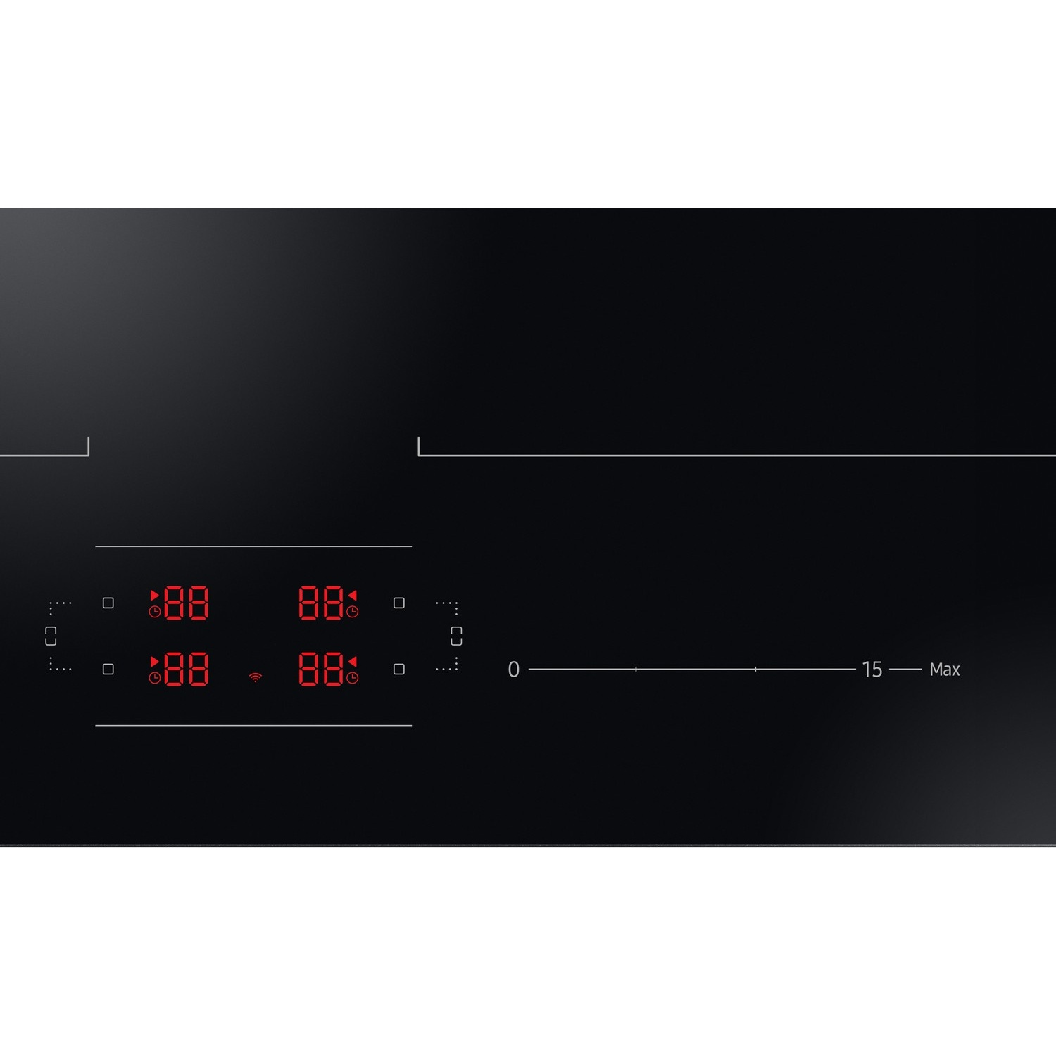 A black induction cooktop with red LED displays, touch controls, and a slider scale from 0 to Max.