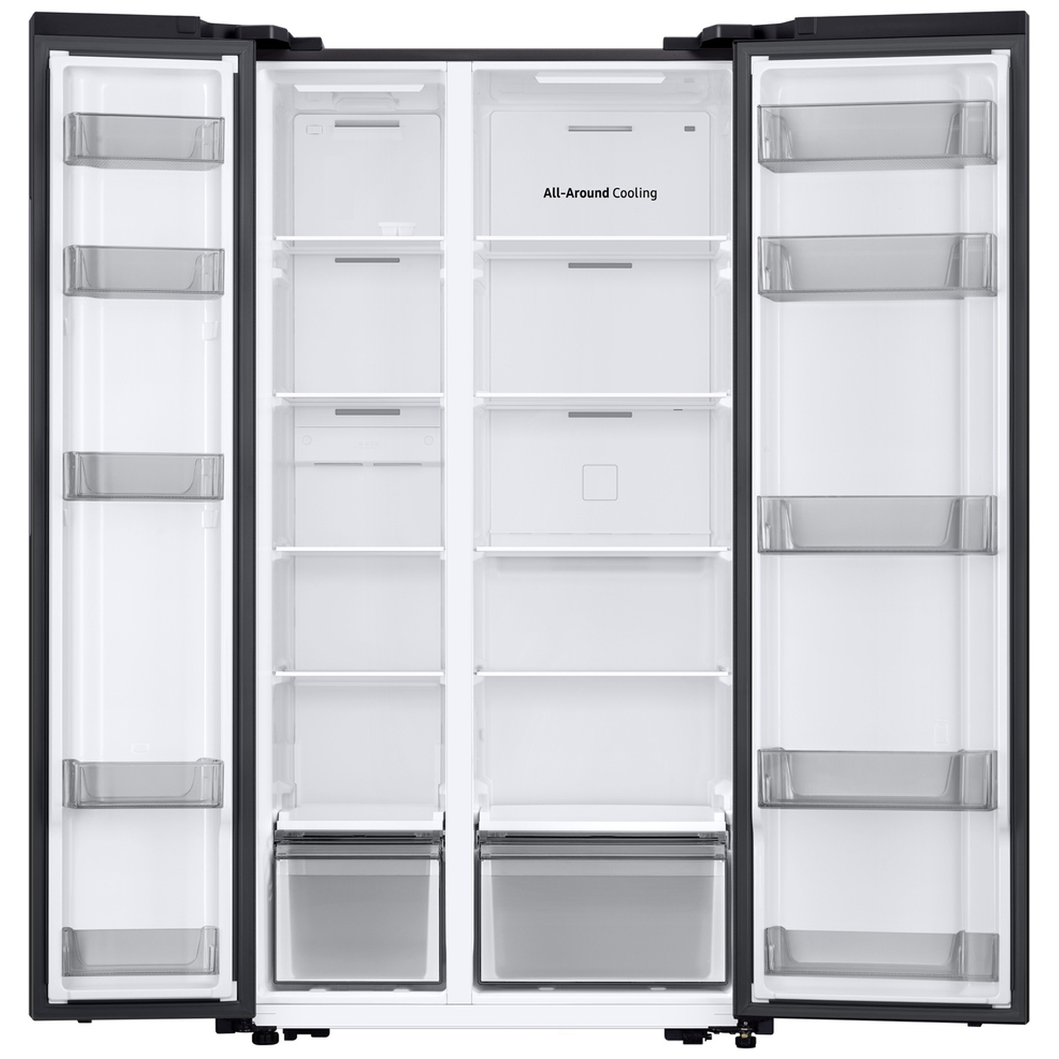 An open black side-by-side refrigerator showing empty interior shelves, drawers, and door bins.