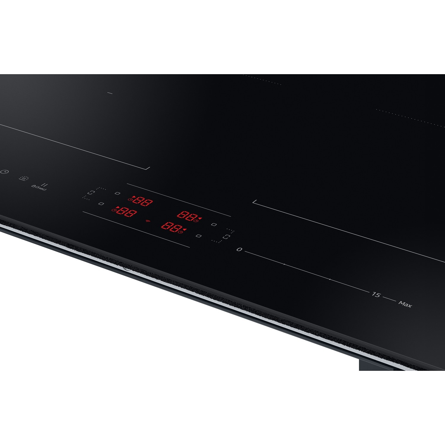 Black induction cooktop with red digital displays and touch control panels.
