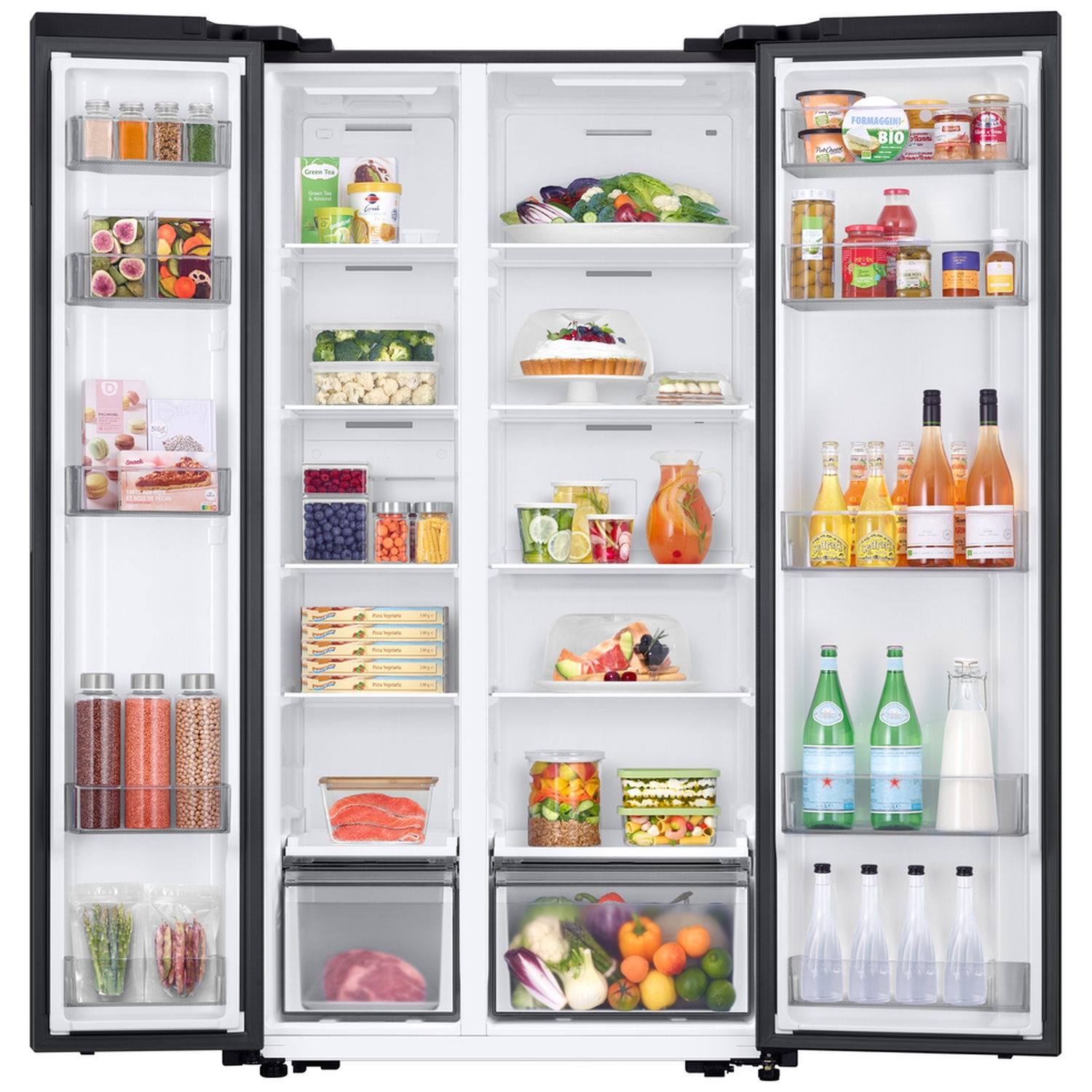 An open four-door refrigerator featuring well-stocked shelves and compartments filled with fresh food.