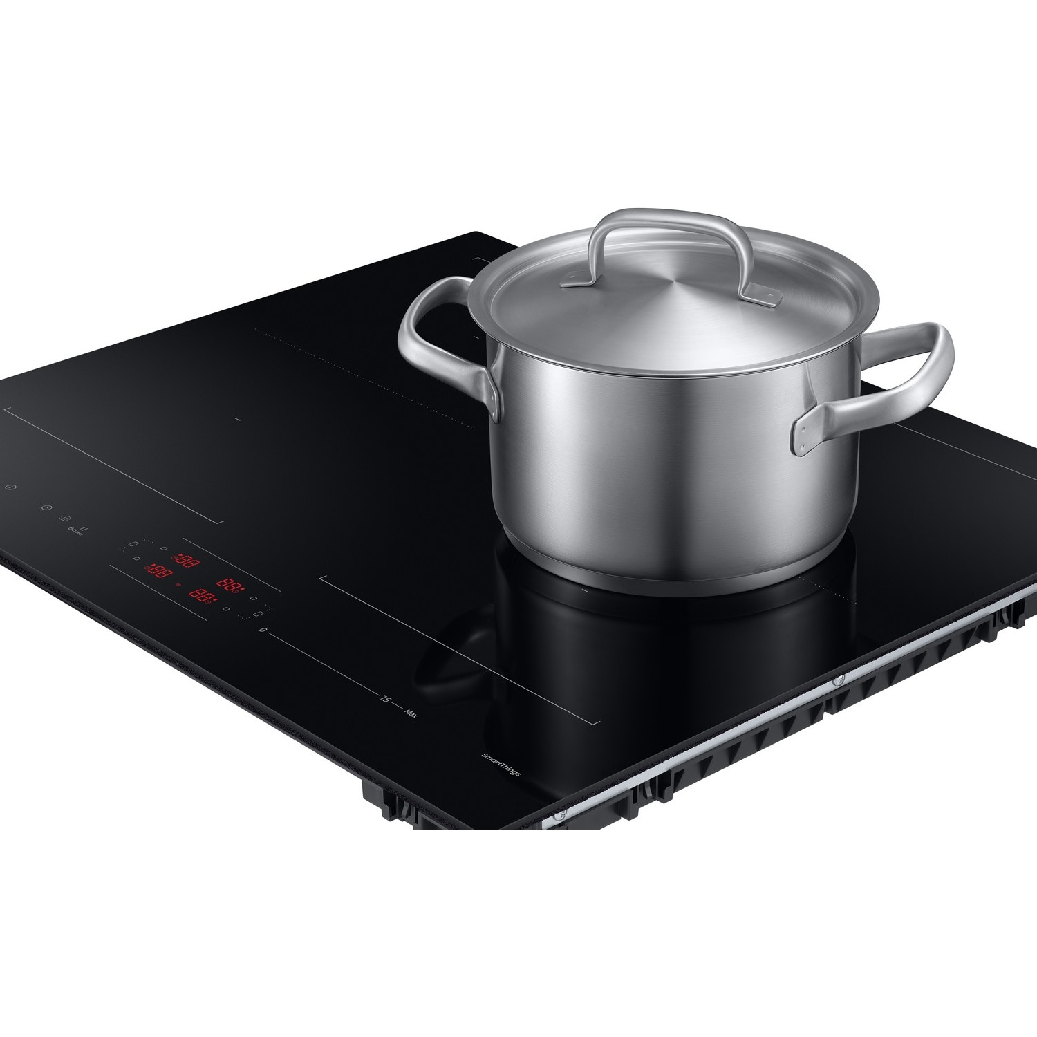 A stainless steel pot with a lid sits on a modern black induction cooktop featuring red digital displays.