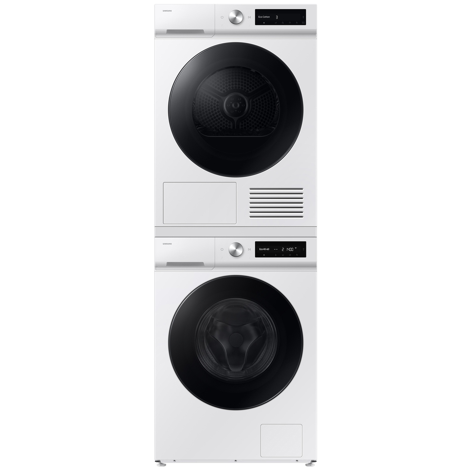 Een witte wasomgeving met een wasmachine onder en een droger boven, beide met een zwarte deur.