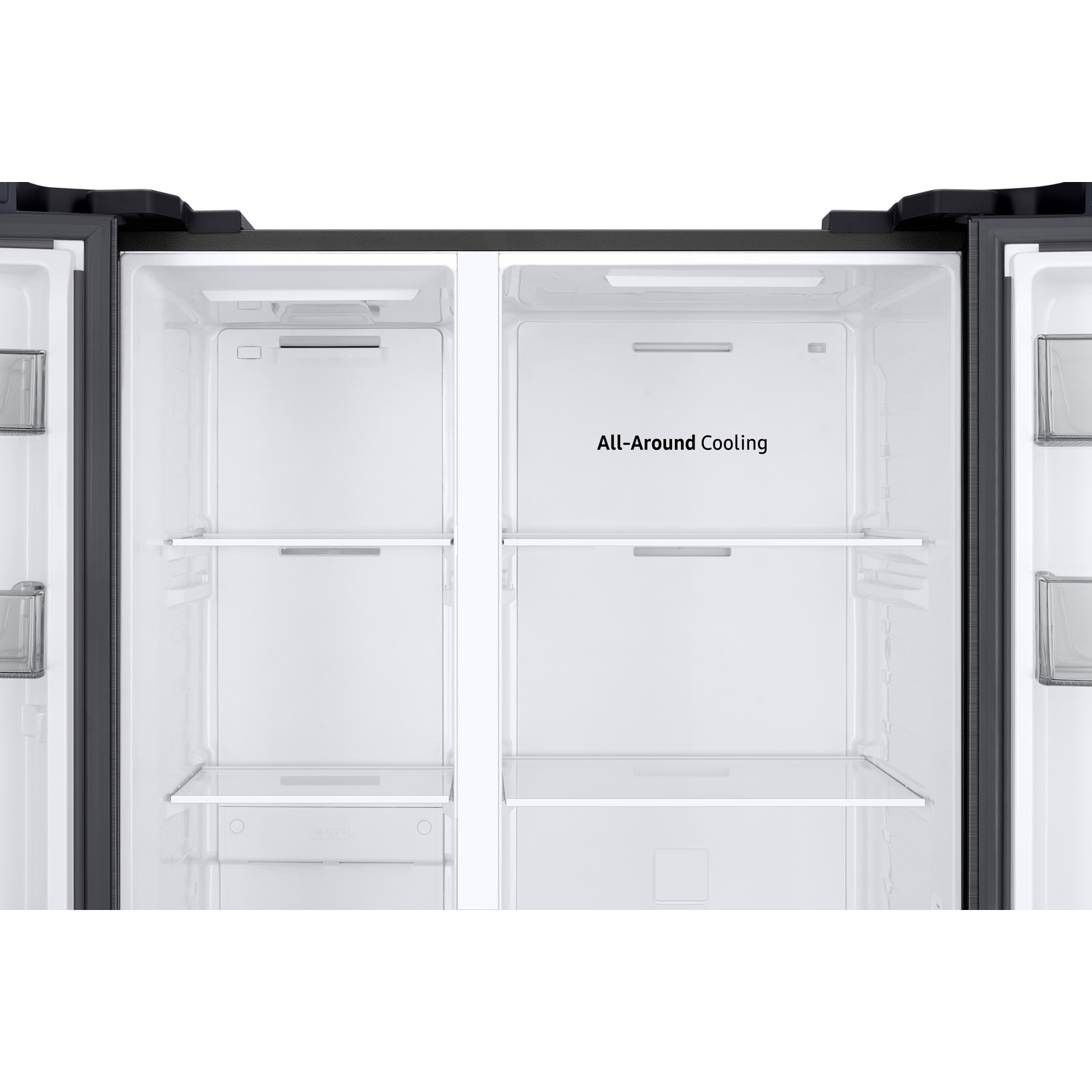 Open refrigerator with empty shelves, white interior featuring the text All-Around Cooling.