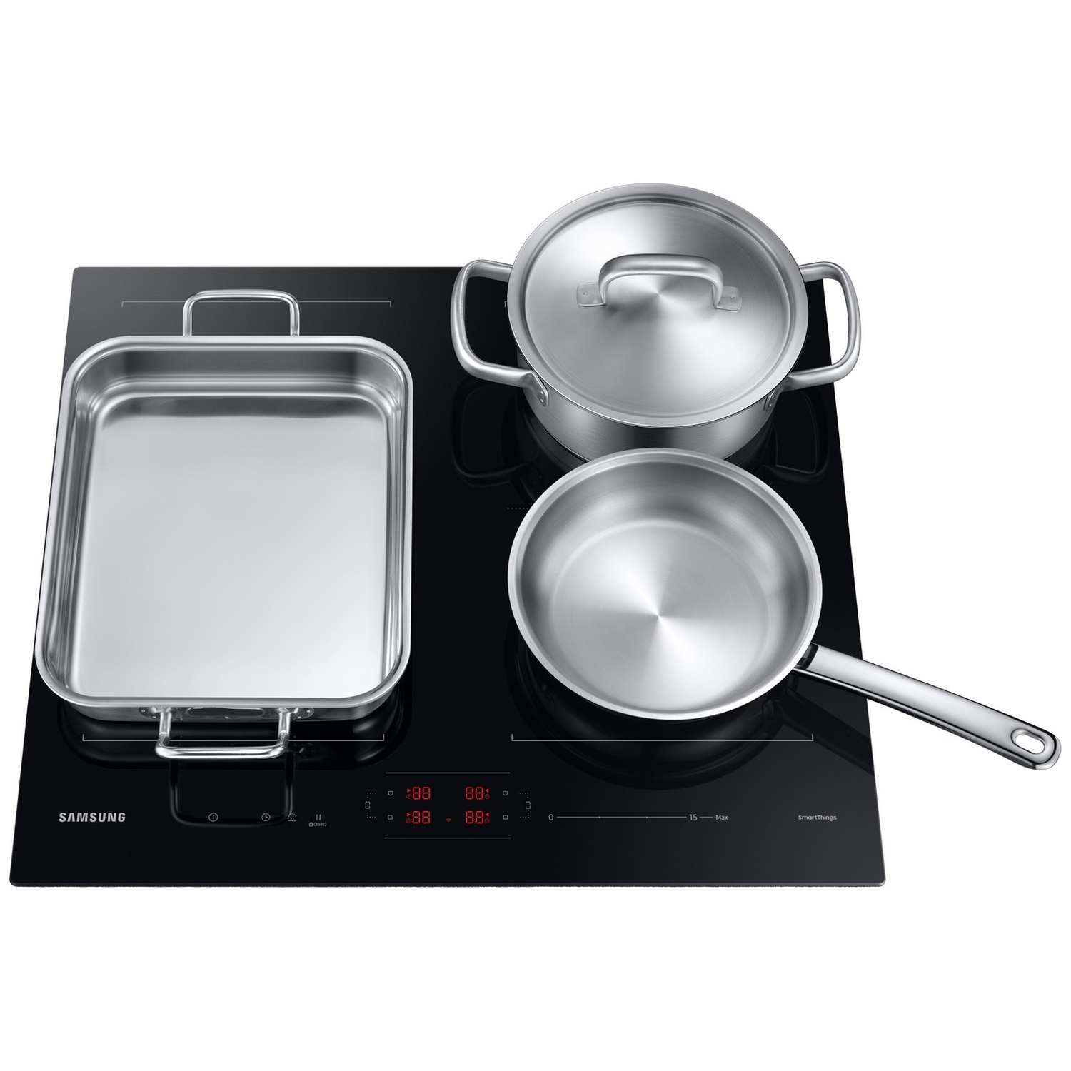Black Samsung induction cooktop with three silver stainless steel pots and pans placed on top.