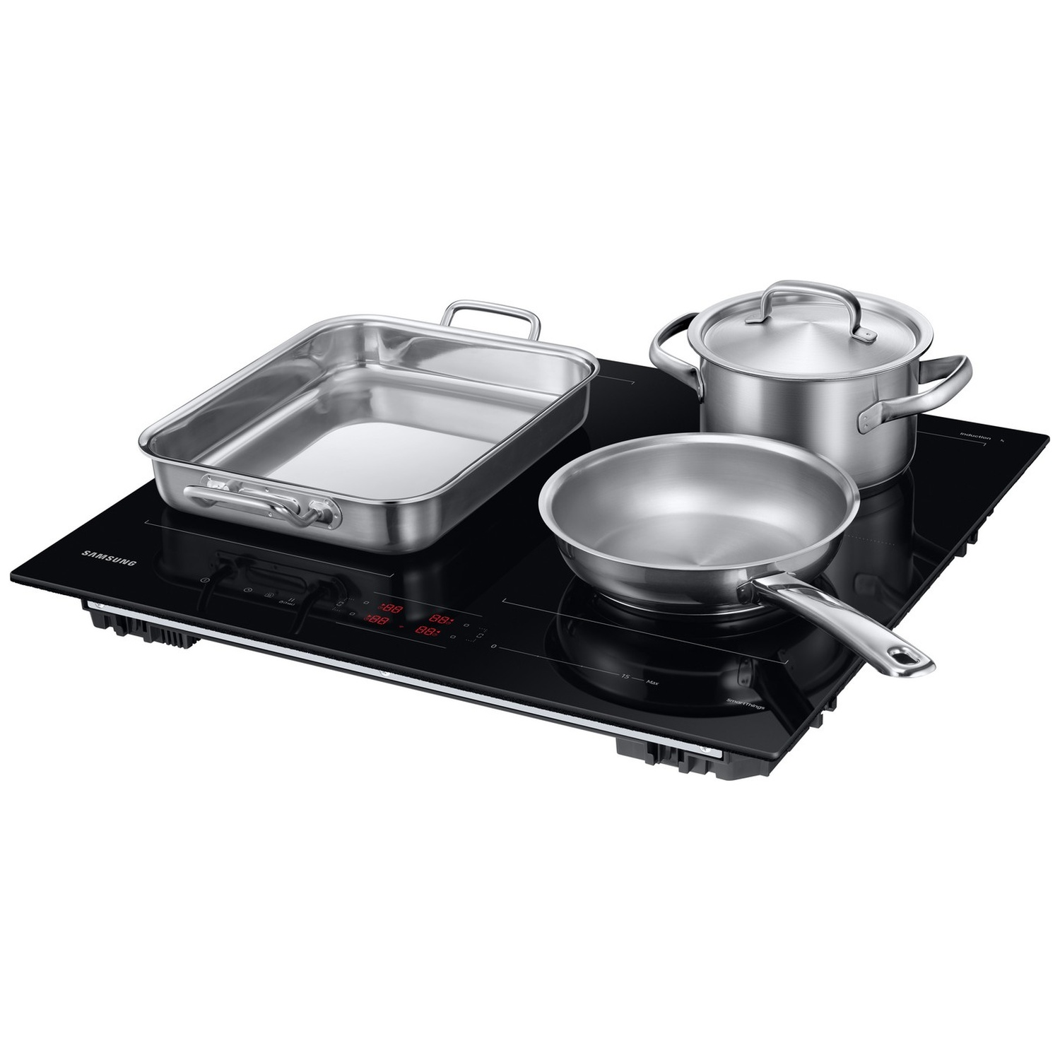 A black induction cooktop with a roasting pan, a frying pan, and a covered pot made of stainless steel.