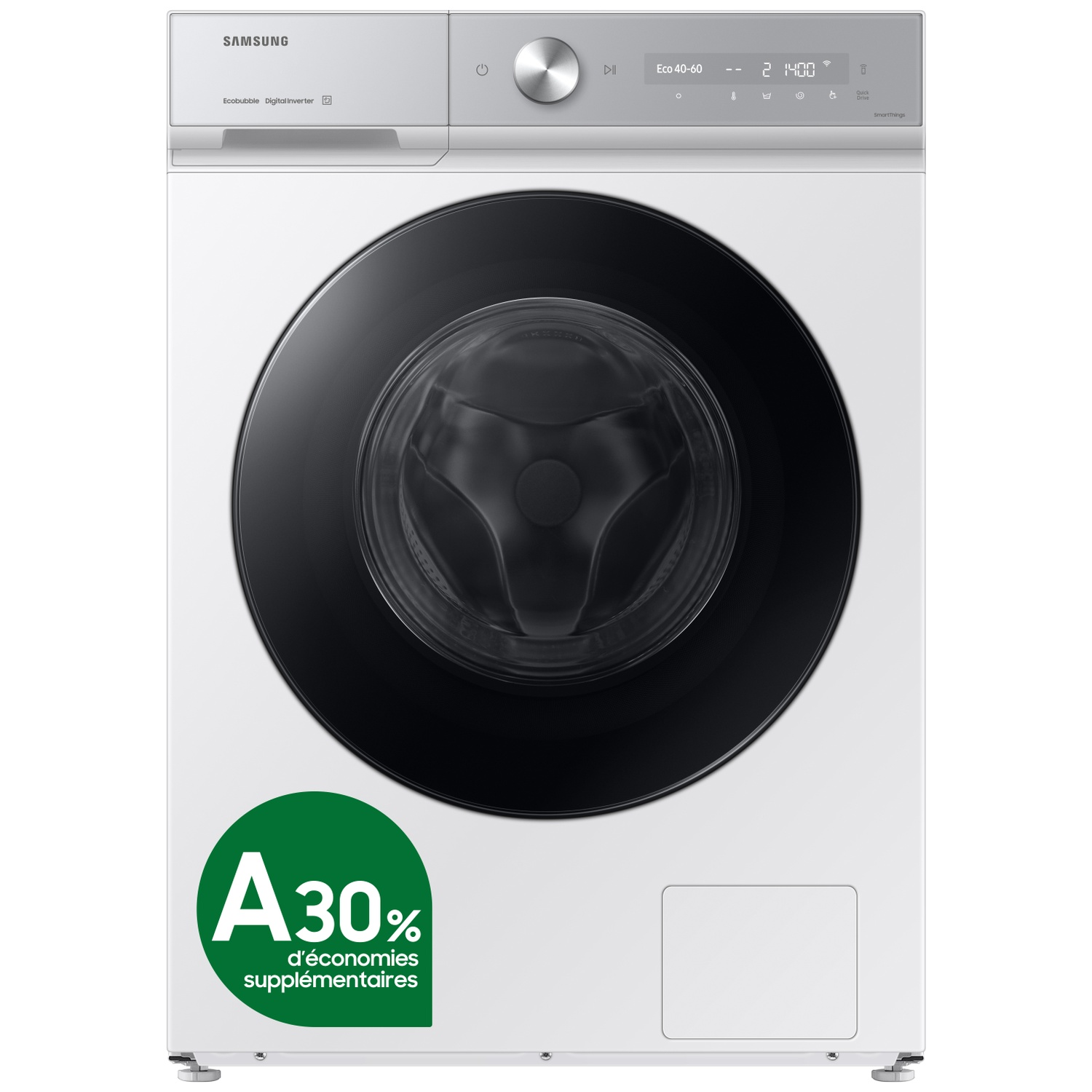 White Samsung washing machine with a black glass door and digital display.