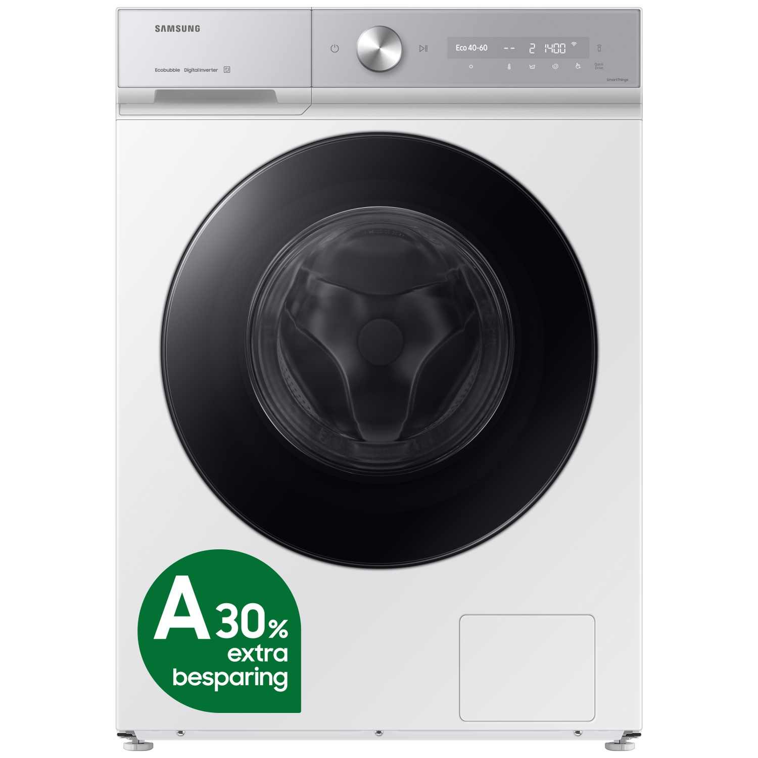White Samsung washing machine with a black door and an A-30% extra savings green energy label sticker.