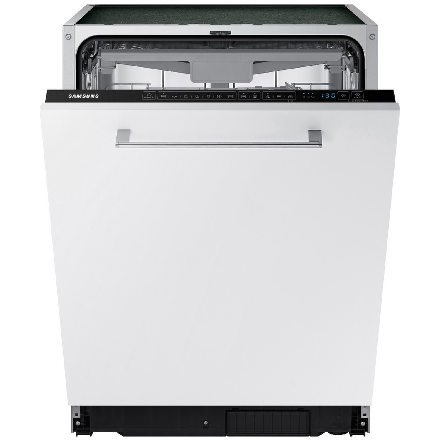 Front view of a white Samsung dishwasher with a stainless steel handle and open top rack.