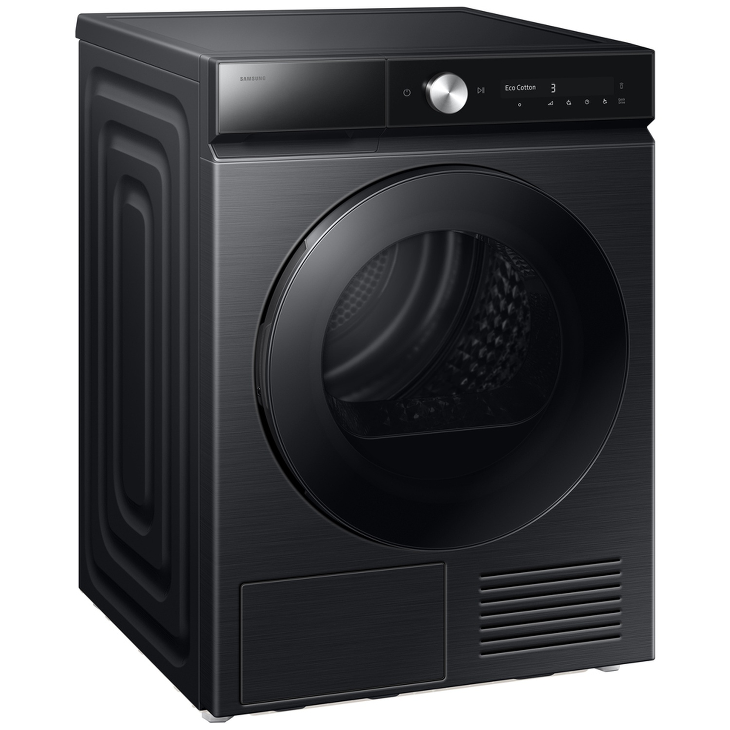 Modern black Samsung tumble dryer featuring a digital control panel and round glass door.