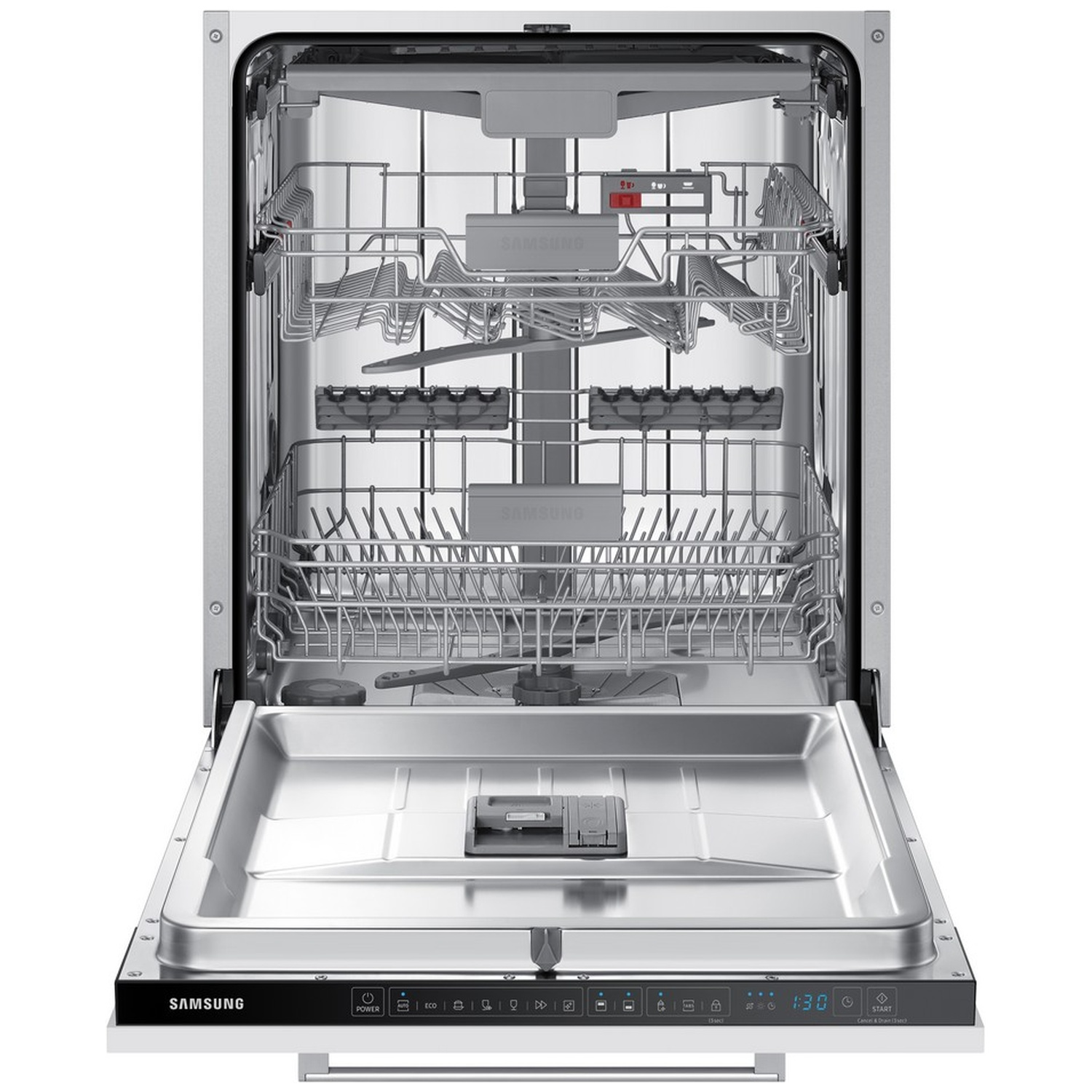 Open Samsung dishwasher with two empty pull-out metal racks and a stainless steel interior.