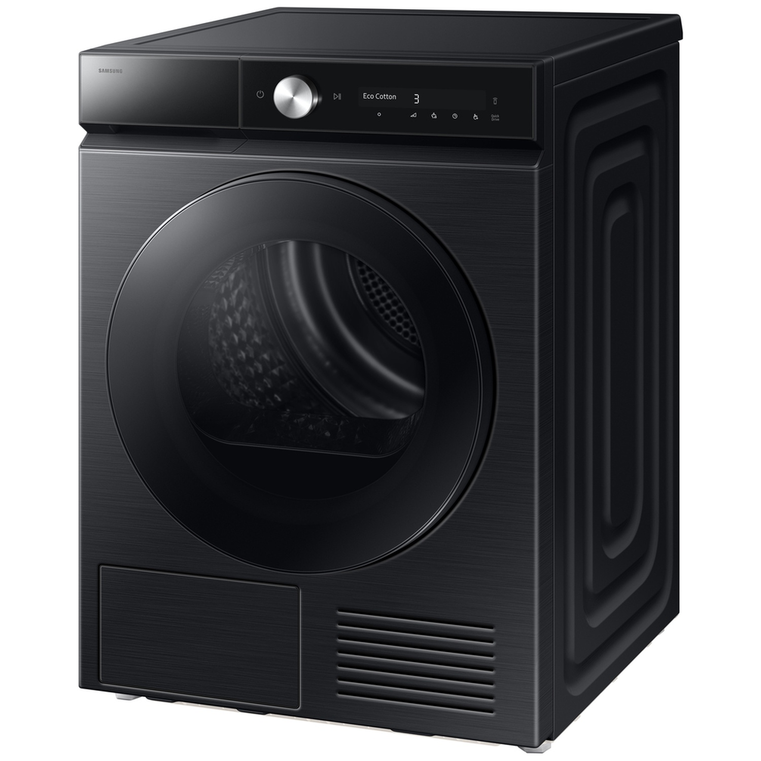 Modern black Samsung washing machine with digital display and central dial against a white background.