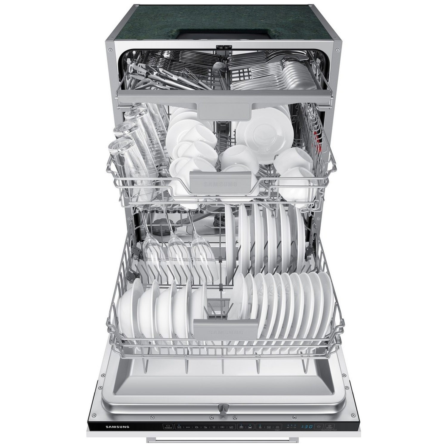 Open Samsung dishwasher with loaded dish racks and top cutlery tray.