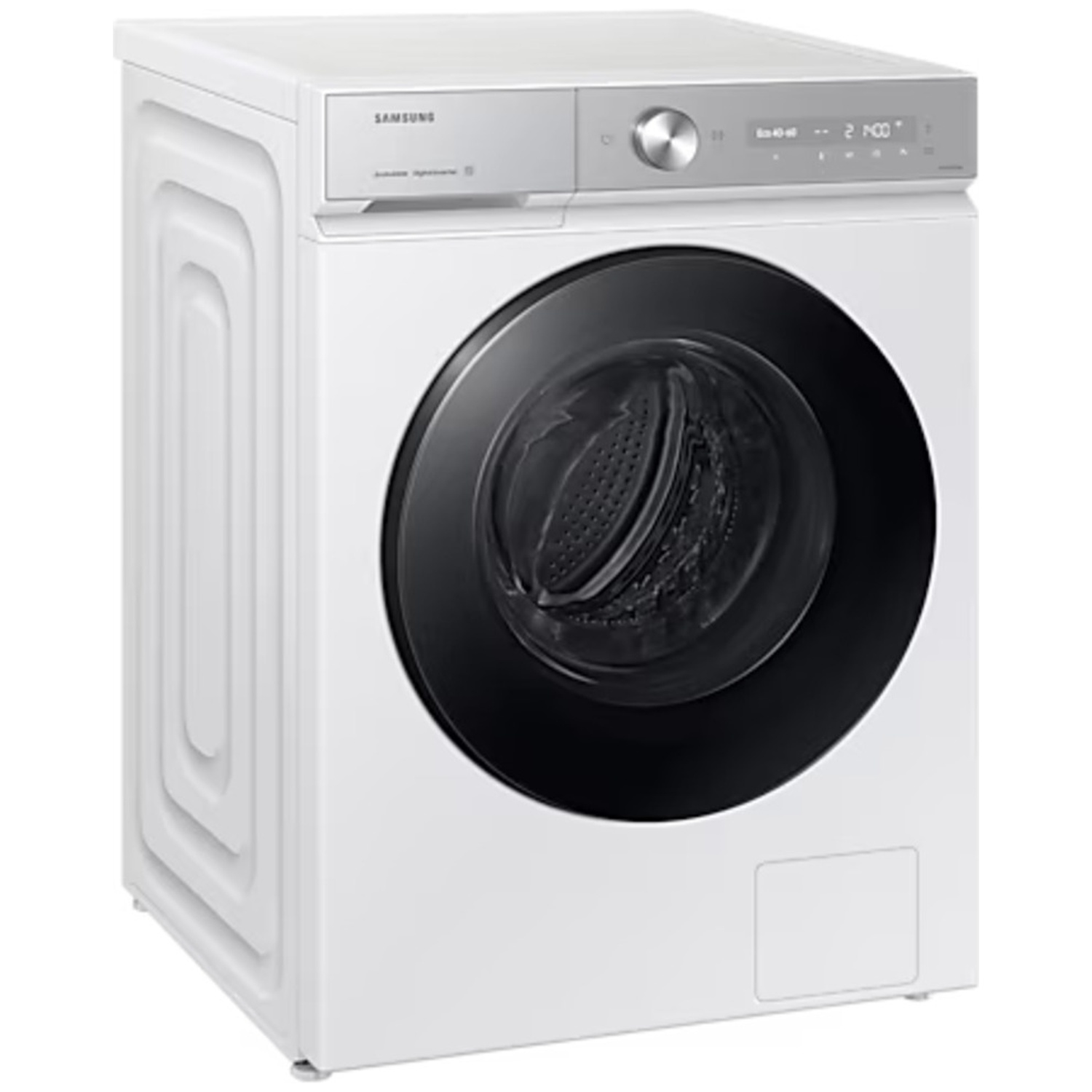 Een witte Samsung-wasmachine met een zilveren bedieningspaneel en zwart deur.