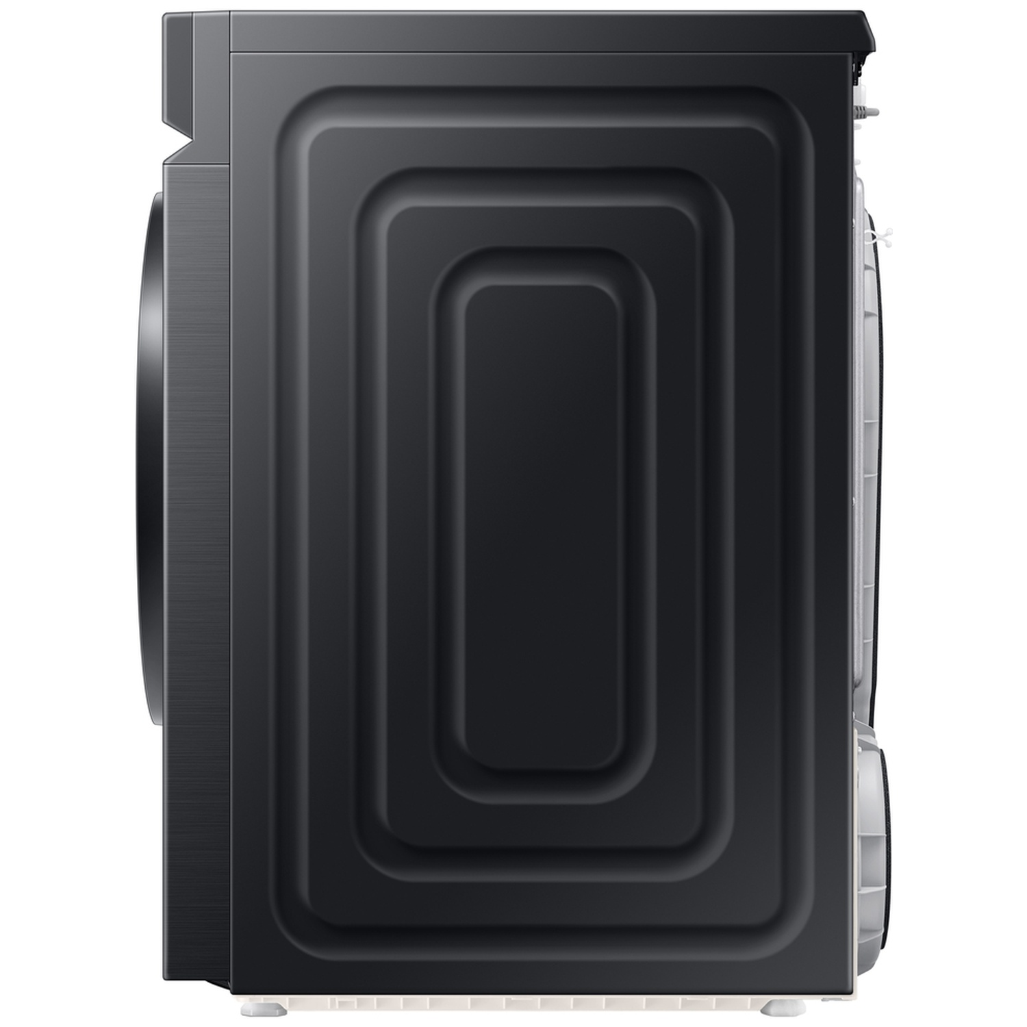 Side view of a black washing machine with a textured side panel.