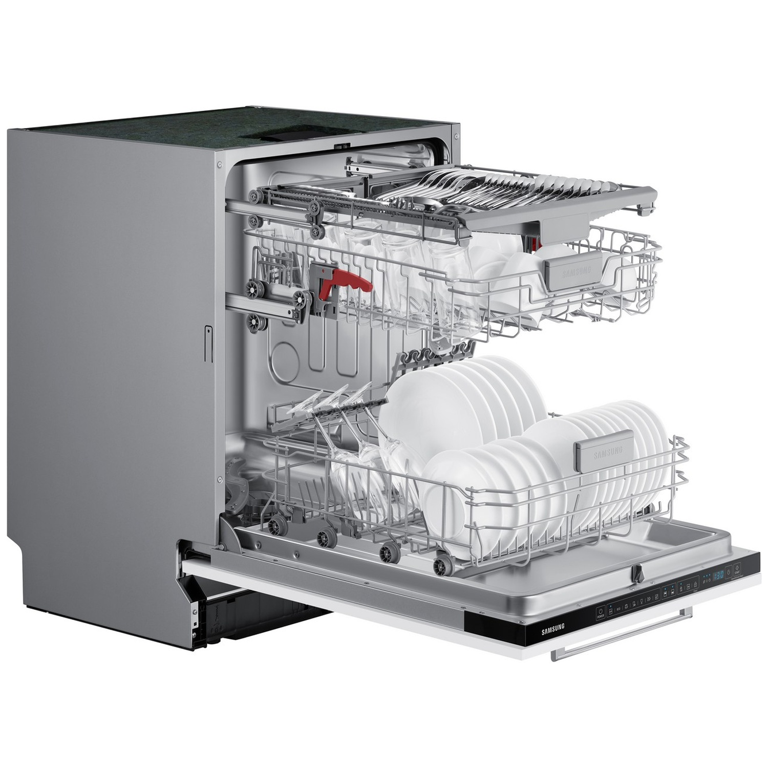 Open silver dishwasher with three racks filled with glasses, plates, and cutlery against a white background.