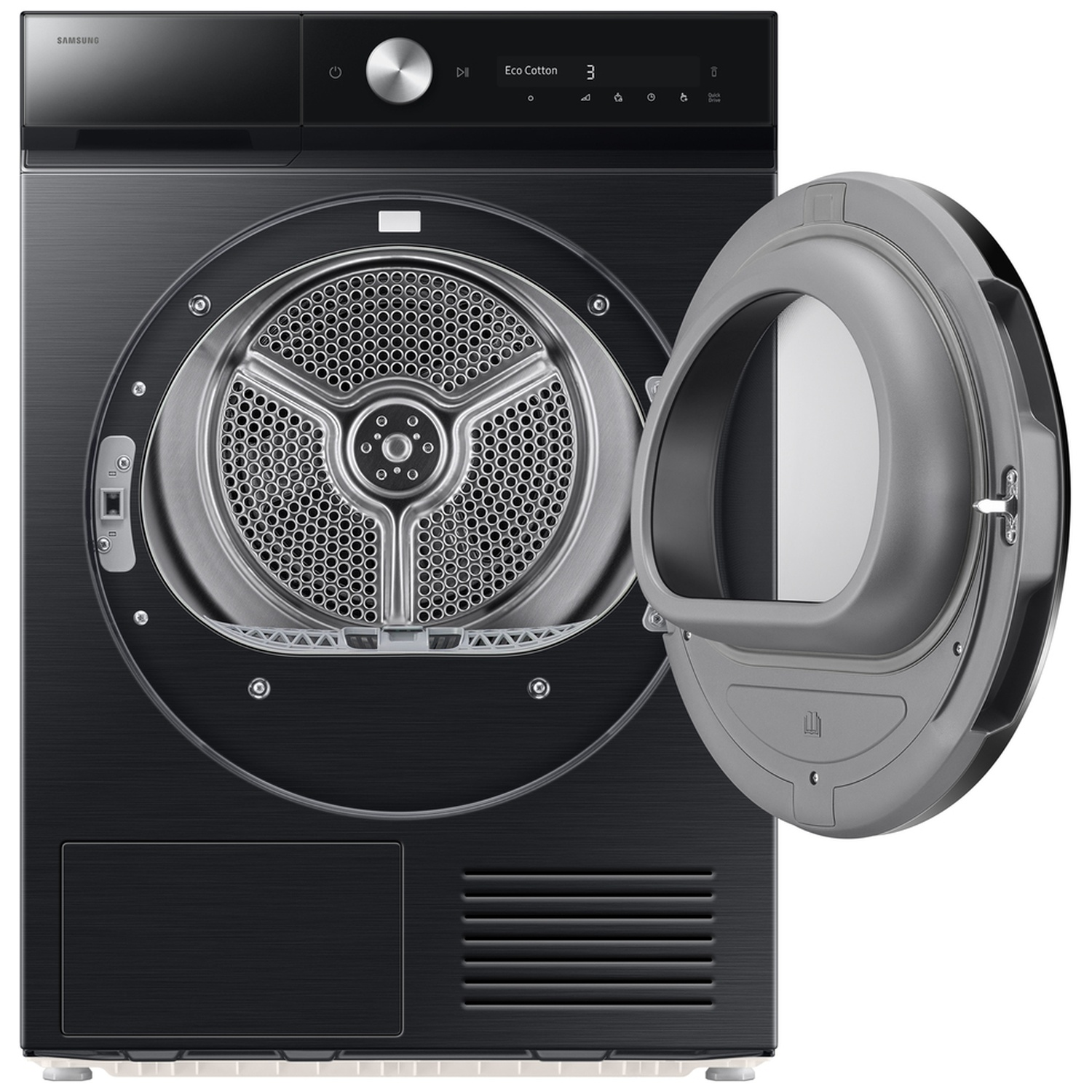 A black Samsung tumble dryer with its drum door open and digital display on top.