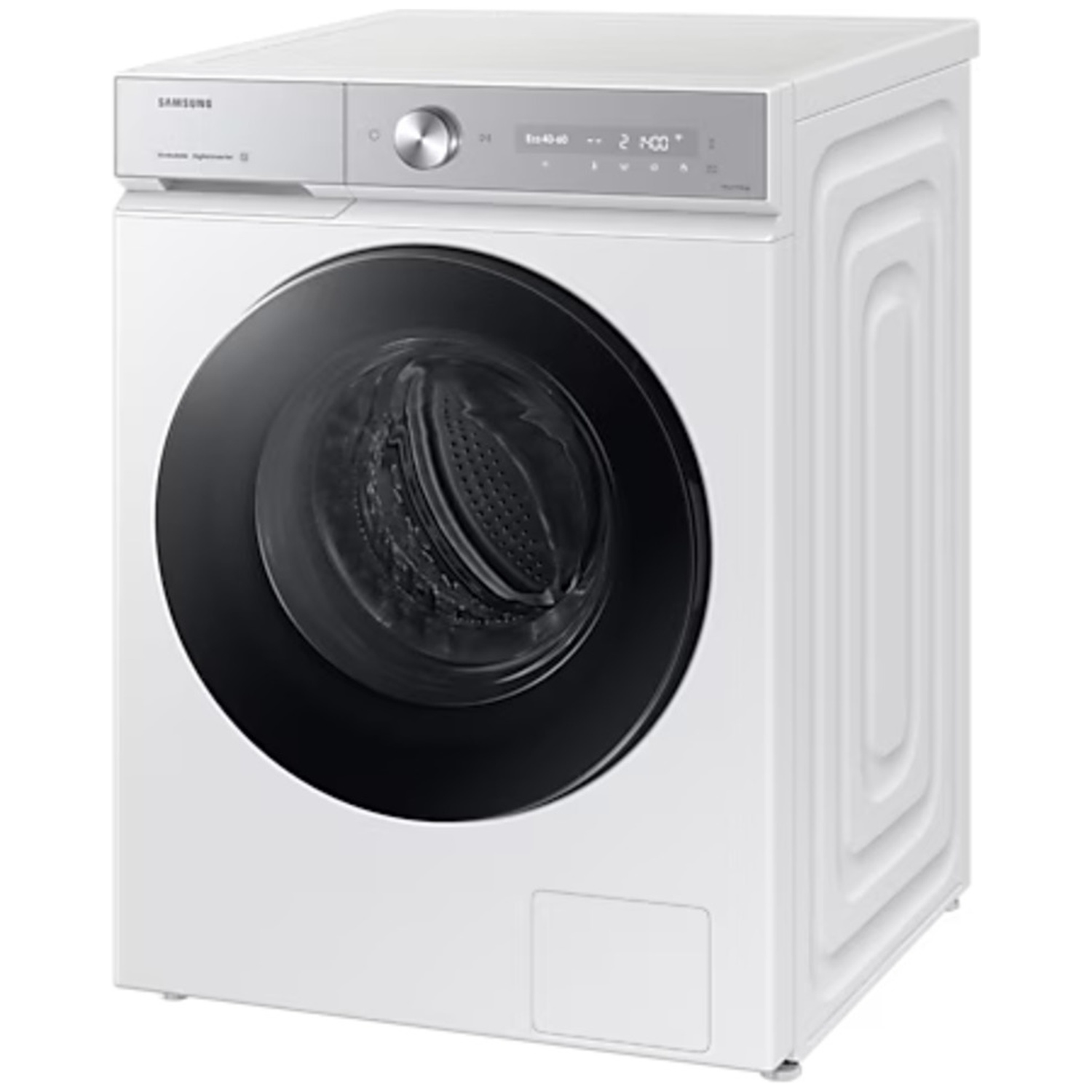Een witte Samsung wasmachine met zwarte deur, draaiknop en digitaal bedieningspaneel.