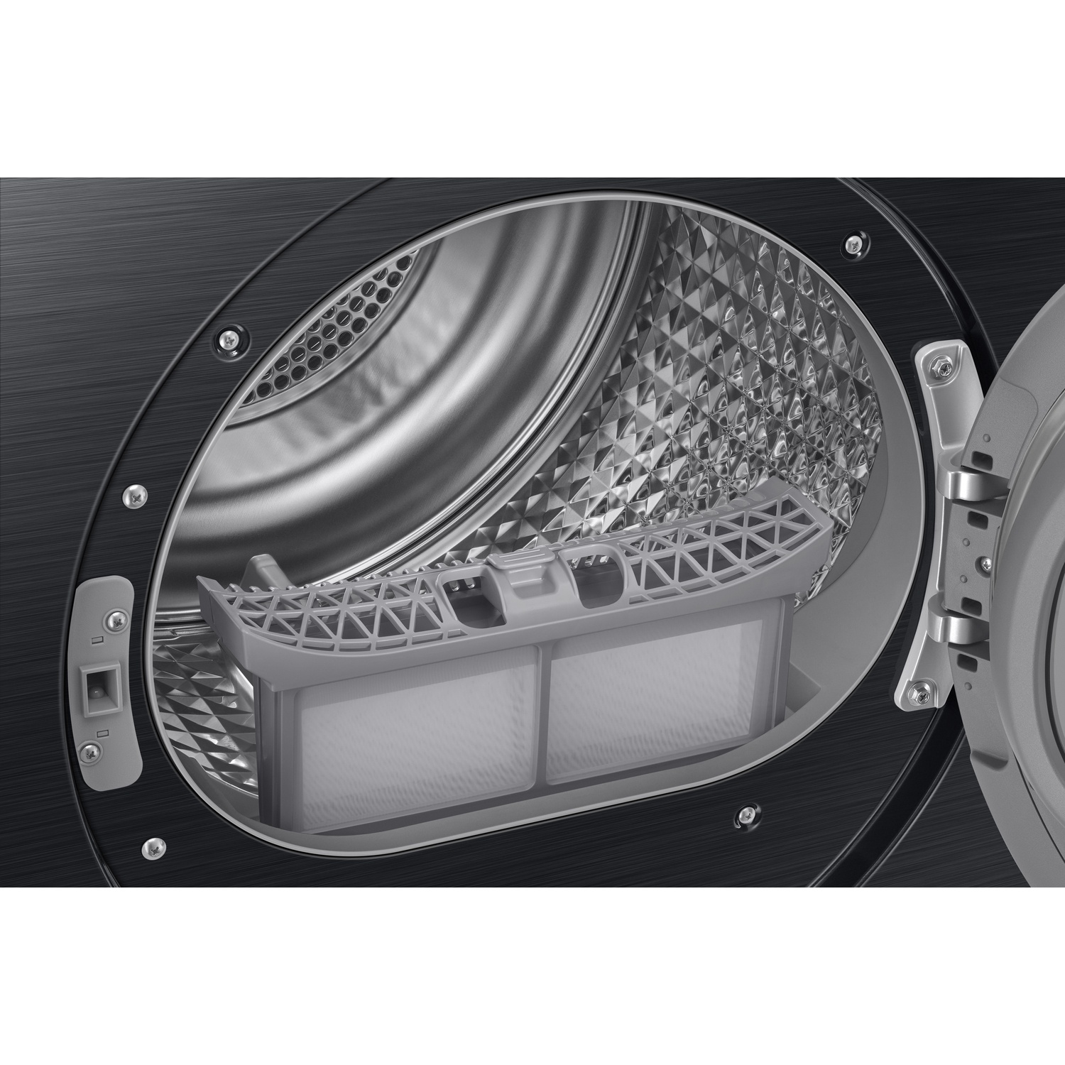 Open drum of a dark tumble dryer with an inserted gray lint filter.
