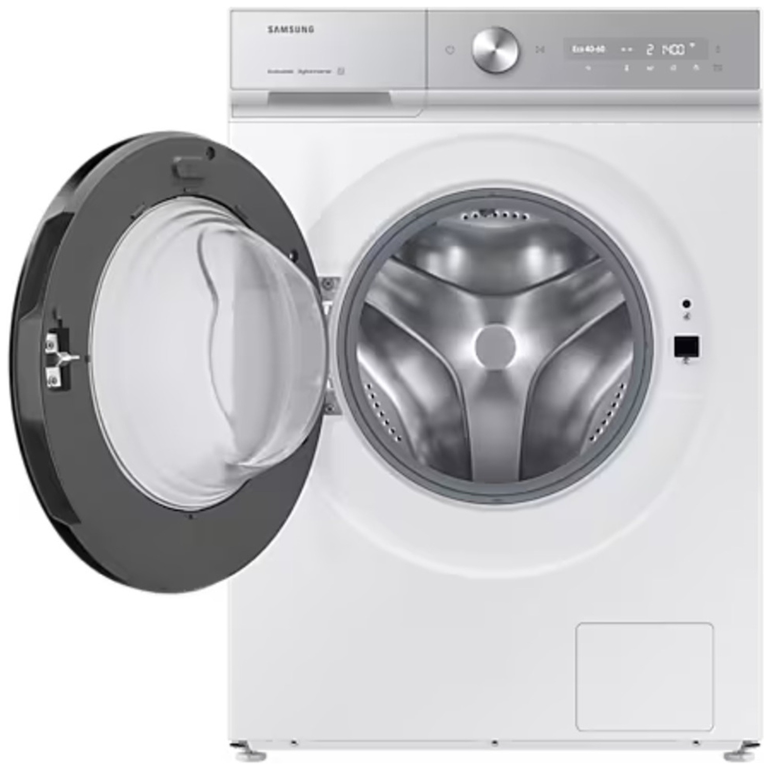 Een witte Samsung-wasmachine met een open zwarte glazen deur en zilveren bedieningspaneel tegen een witte achtergrond.