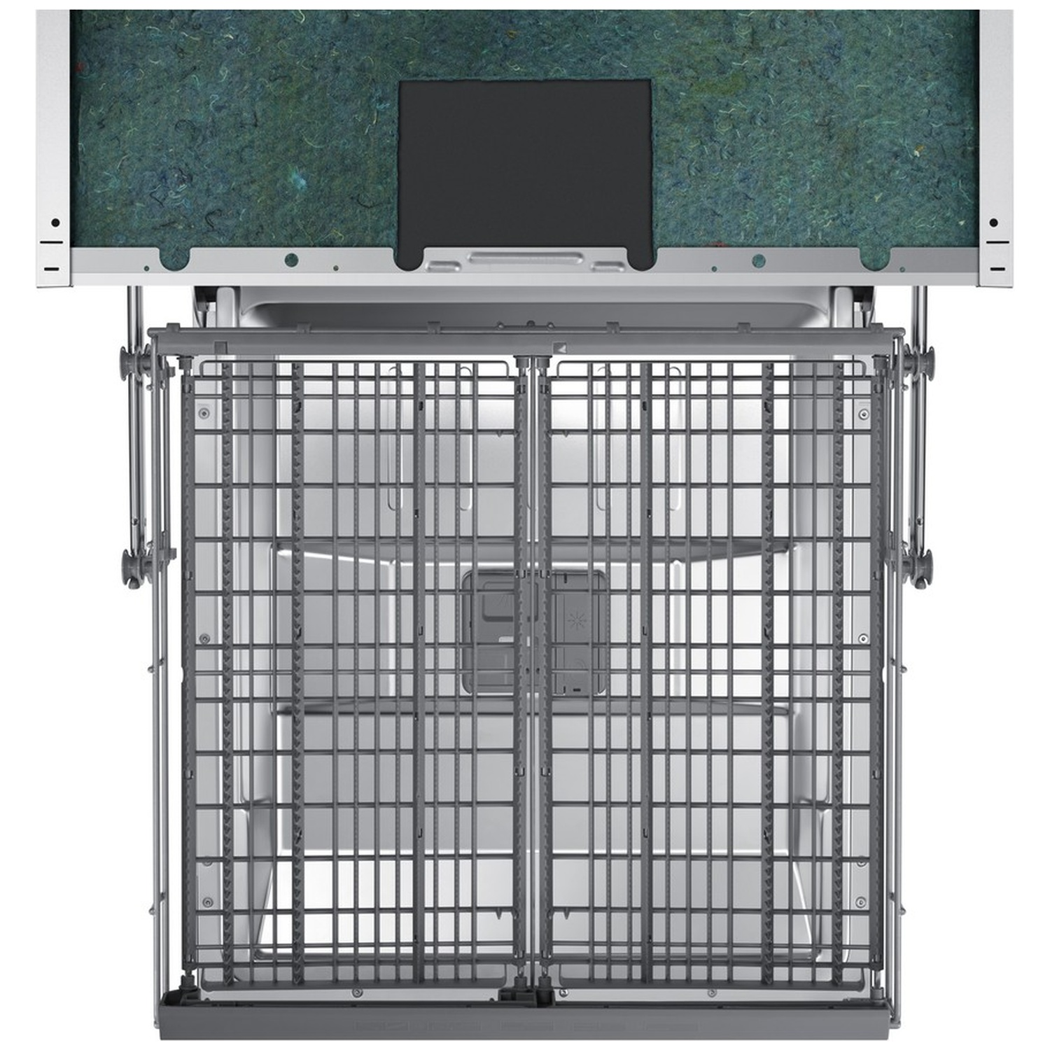 Lower dishwasher basket with metal grid inside an open appliance.