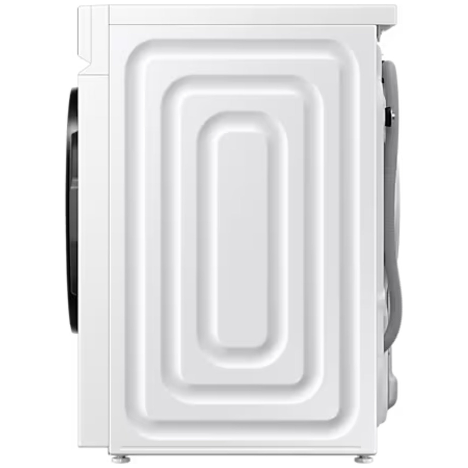 Zijaanzicht van een witte wasmachine met een reliëfpatroon op de behuizing.