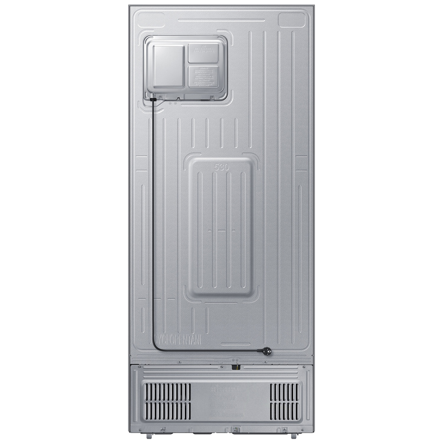 Achterkant van een zilveren koelkast met compressor linksboven, stroomkabel en onderste ventilatieroosters.