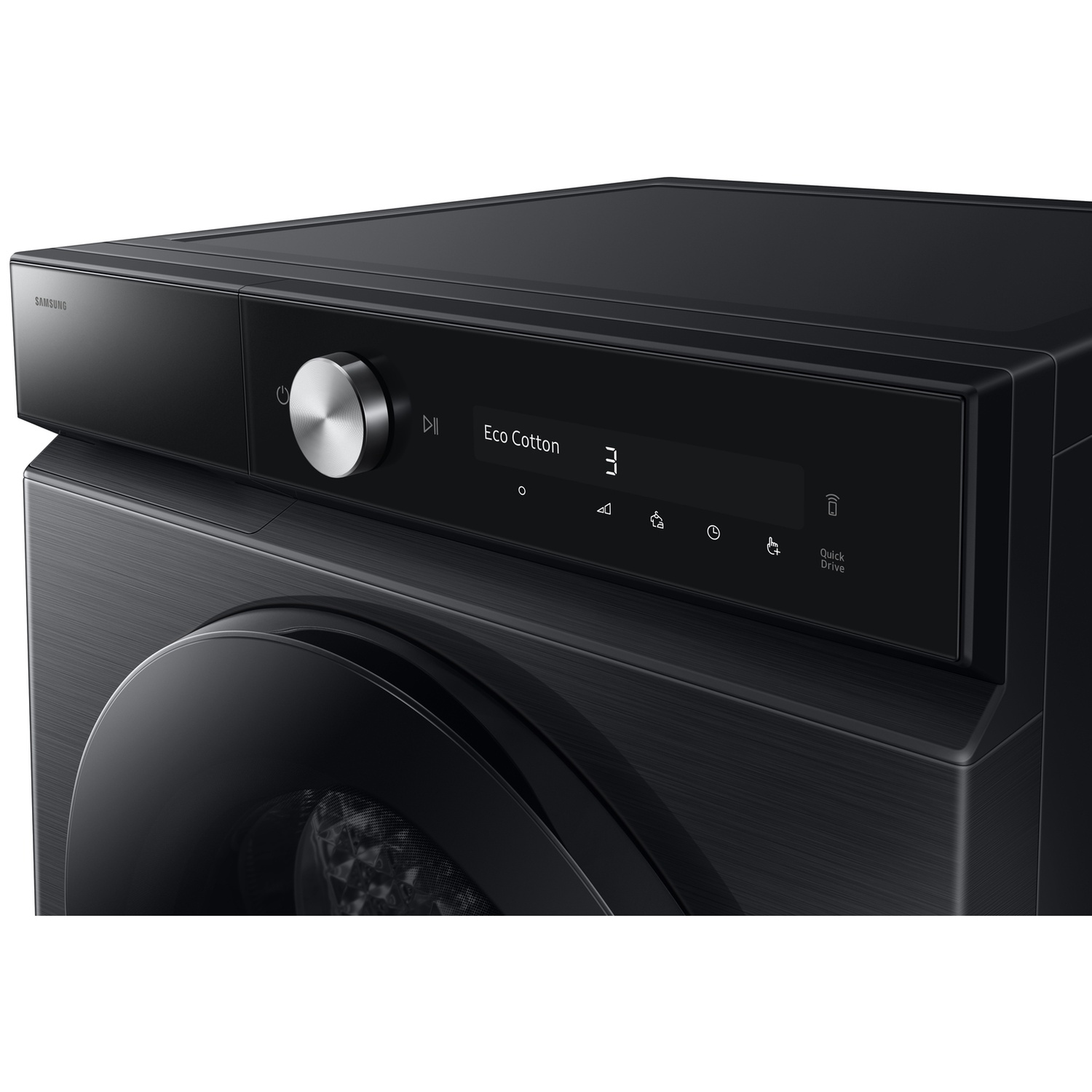 Modern black washing machine with a digital display and rotary knob.