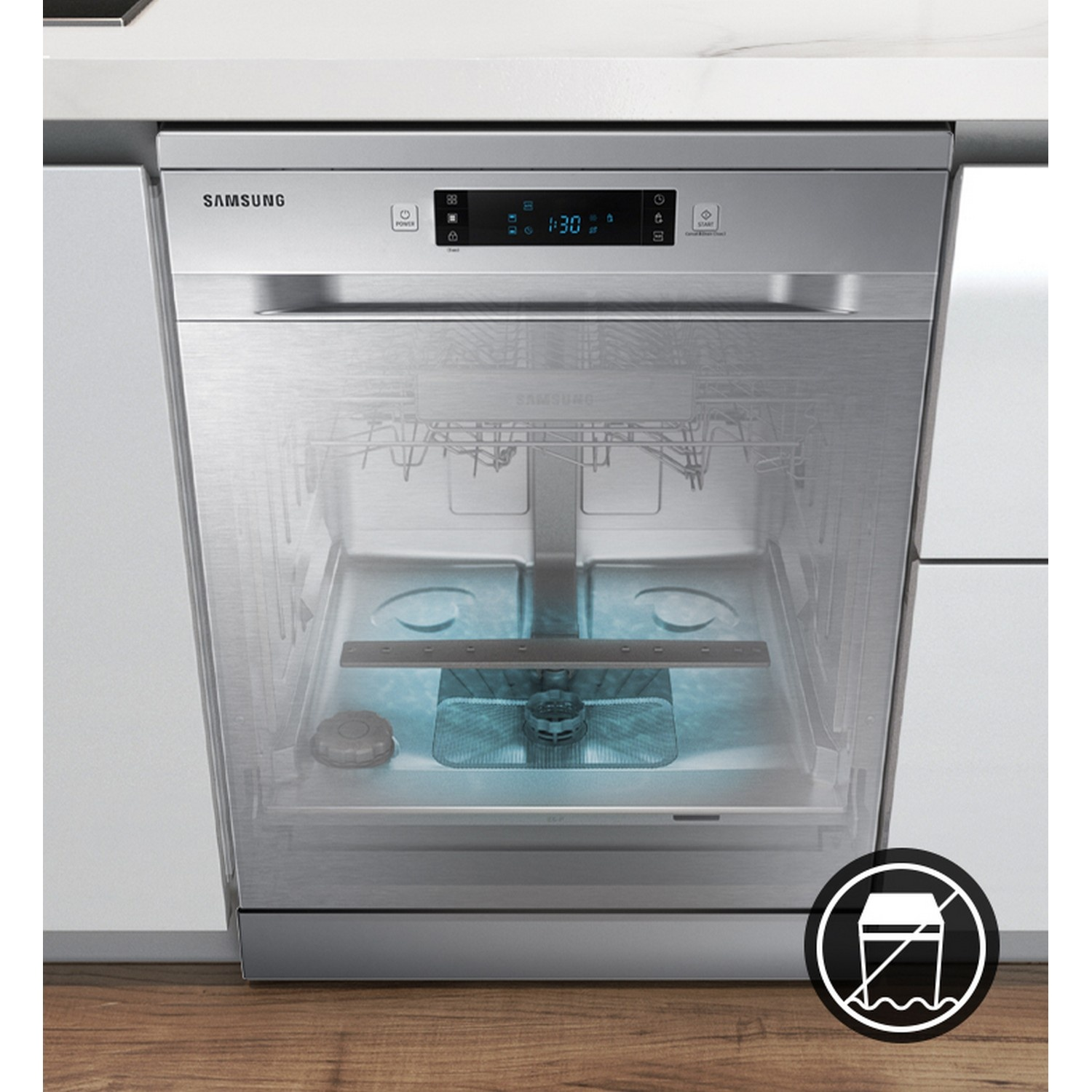 Built-in Samsung dishwasher with transparent door showing blue interior lighting.