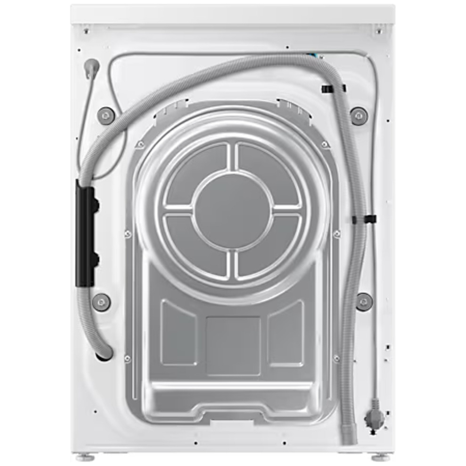 Achterkant van een witte wasmachine met slangen en trommel.