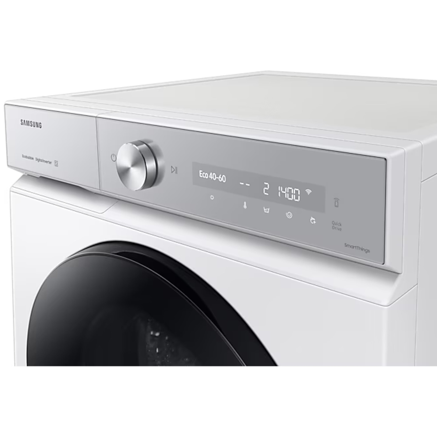 Close-up van het bedieningspaneel van een witte Samsung wasmachine met draaiknop en digitaal display.