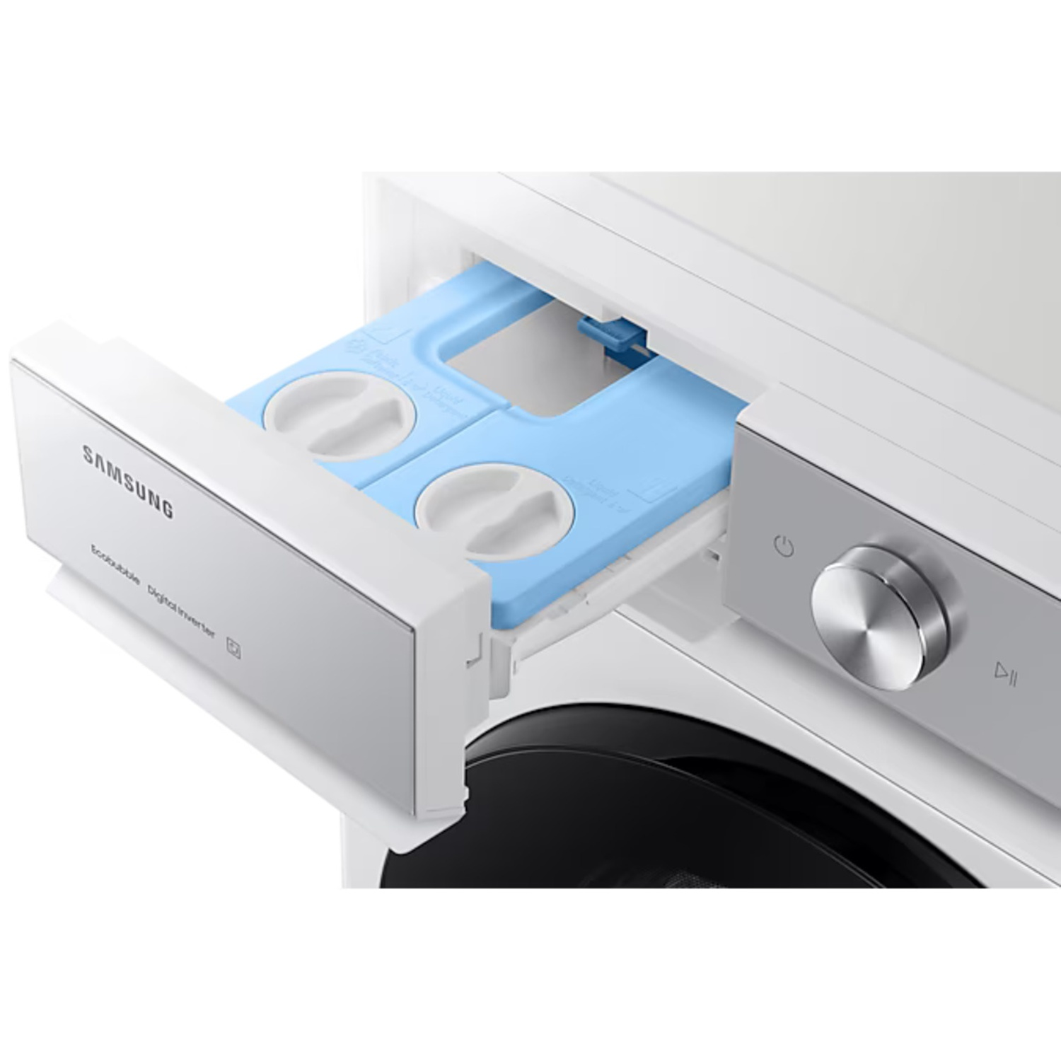 Open zeepbakje van een witte Samsung-wasmachine met blauwe inzetstukken.