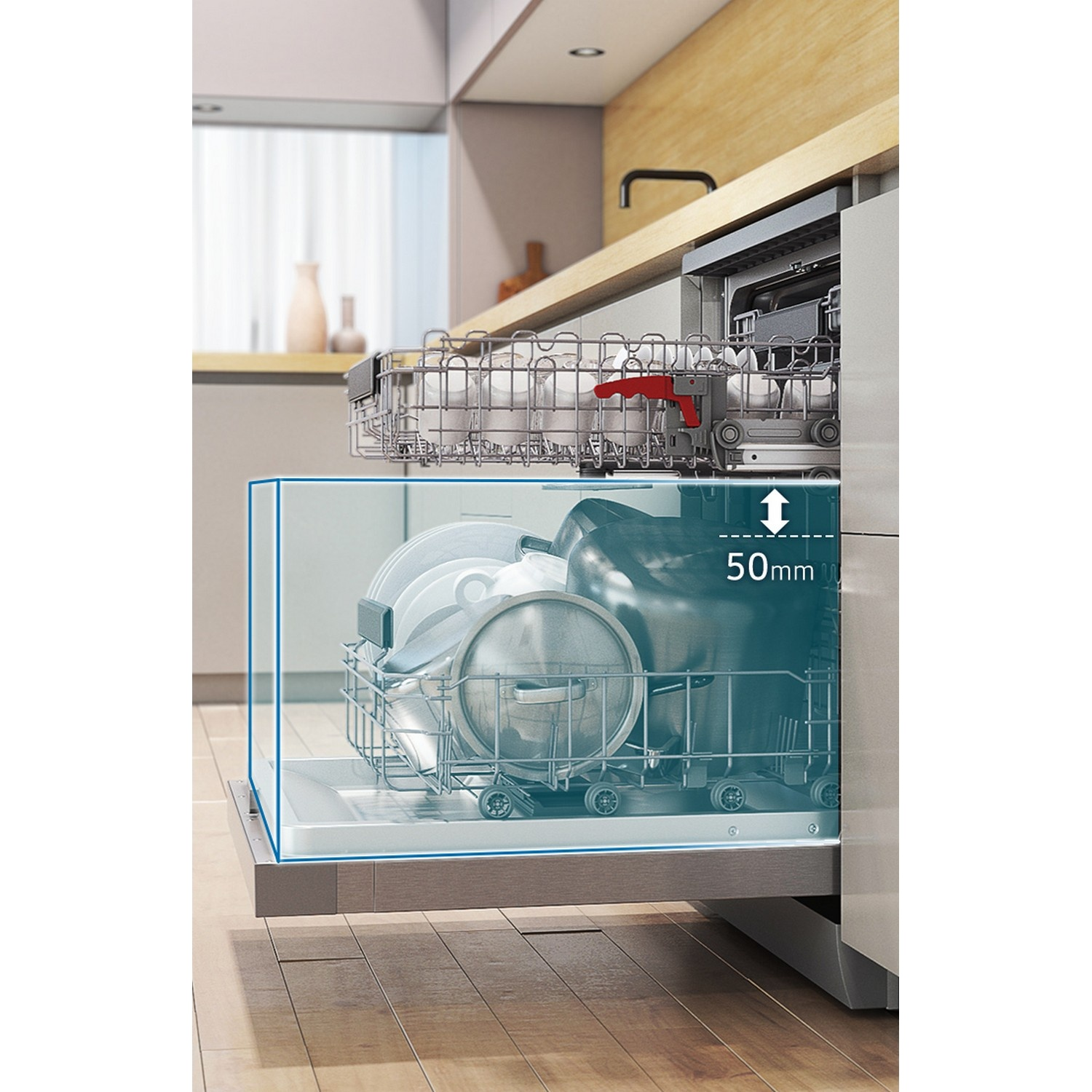 Open dishwasher with a 50mm height adjustment marker in the lower rack.