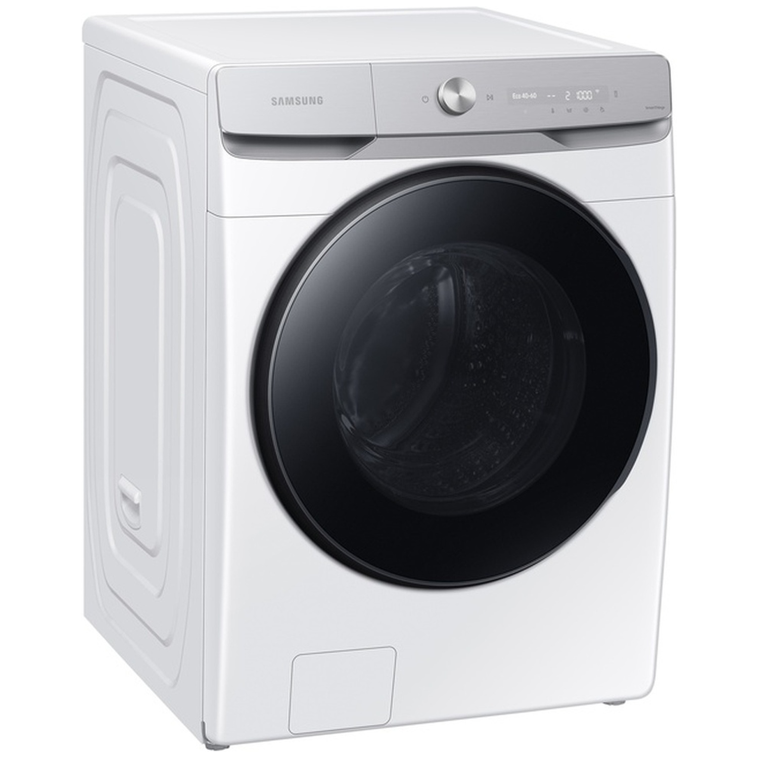 Een moderne witte Samsung wasmachine met een zwarte glazen deur en zilveren bedieningspaneel.