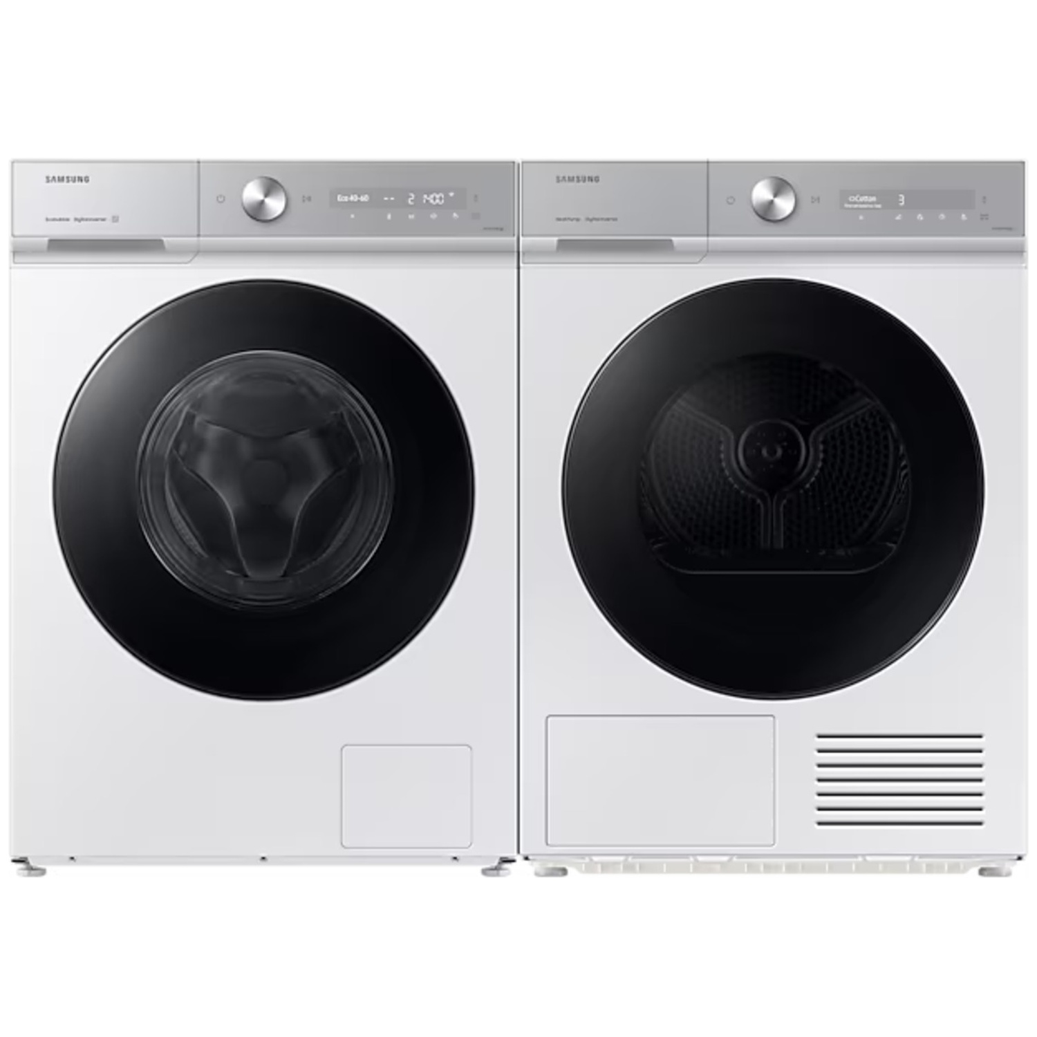 Witte Samsung wasmachine en droger naast elkaar met zwarte glazen deuren.