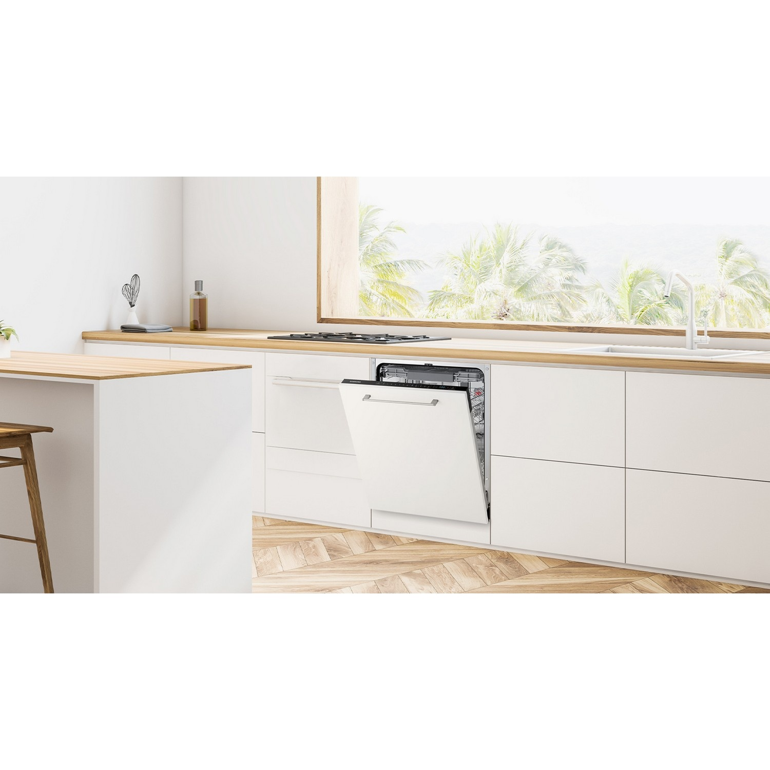 Modern white kitchen with wooden floor and open dishwasher, view of palm trees through the window.