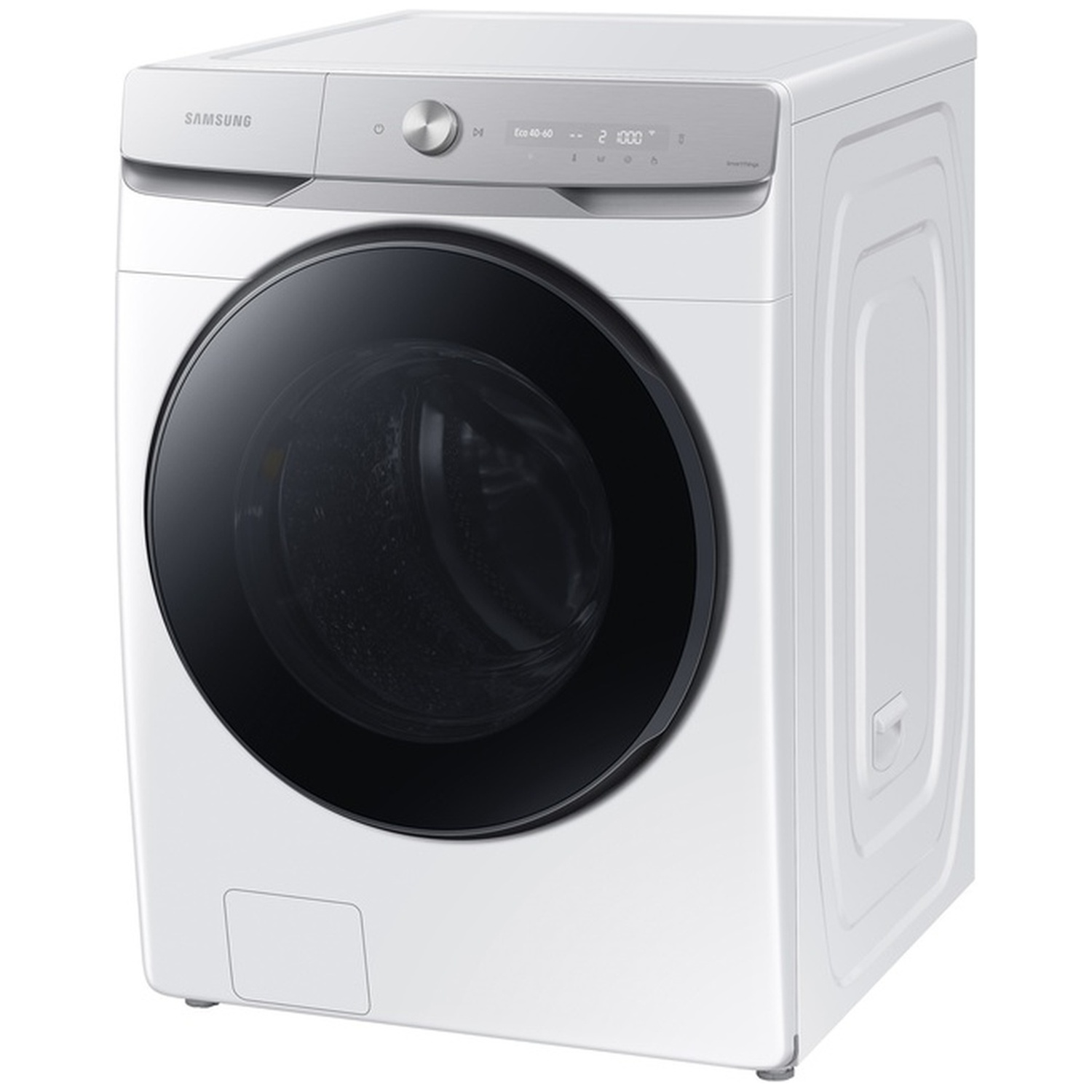 Een witte Samsung-wasmachine met een zwarte deur en zilverkleurig bedieningspaneel op witte achtergrond.