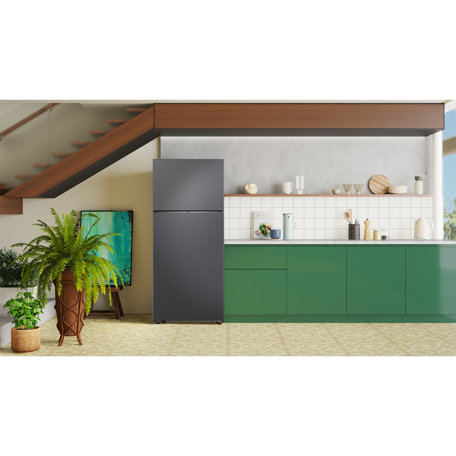 Moderne keuken met groen onderkastje, donkere koelkast, witte tegels en kamerplanten.