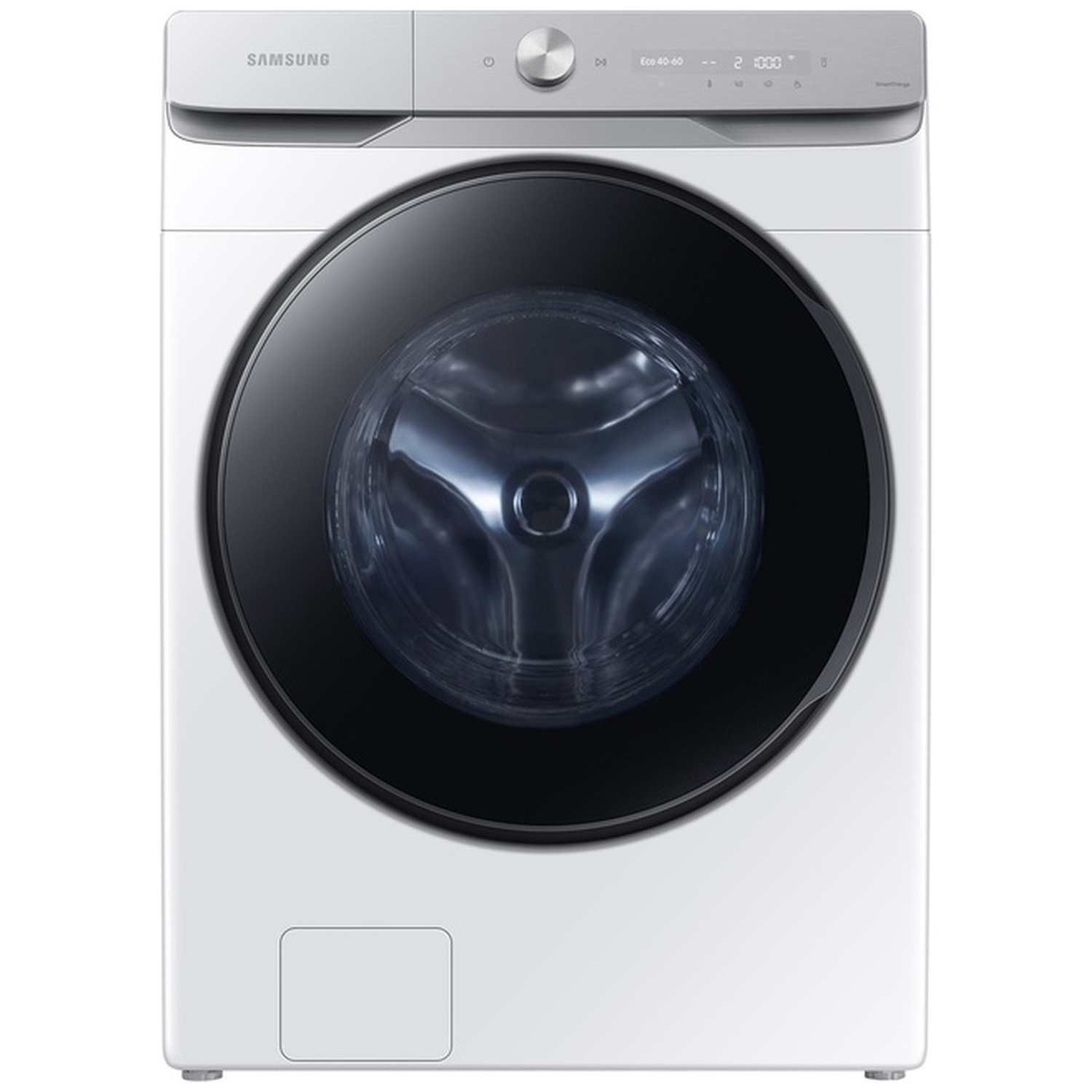 Witte Samsung voorlader wasmachine met zwarte deur en zilveren bedieningspaneel.