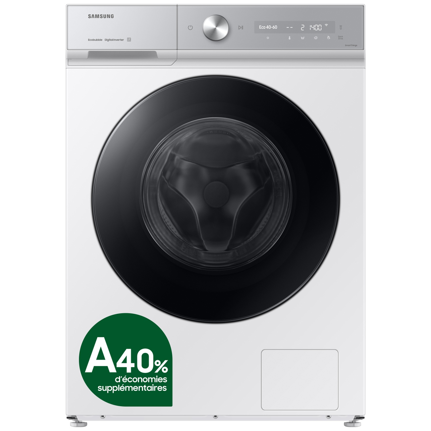 Witte Samsung wasmachine met zwarte deur, digitaal display en groene energiezuinigheidssticker.