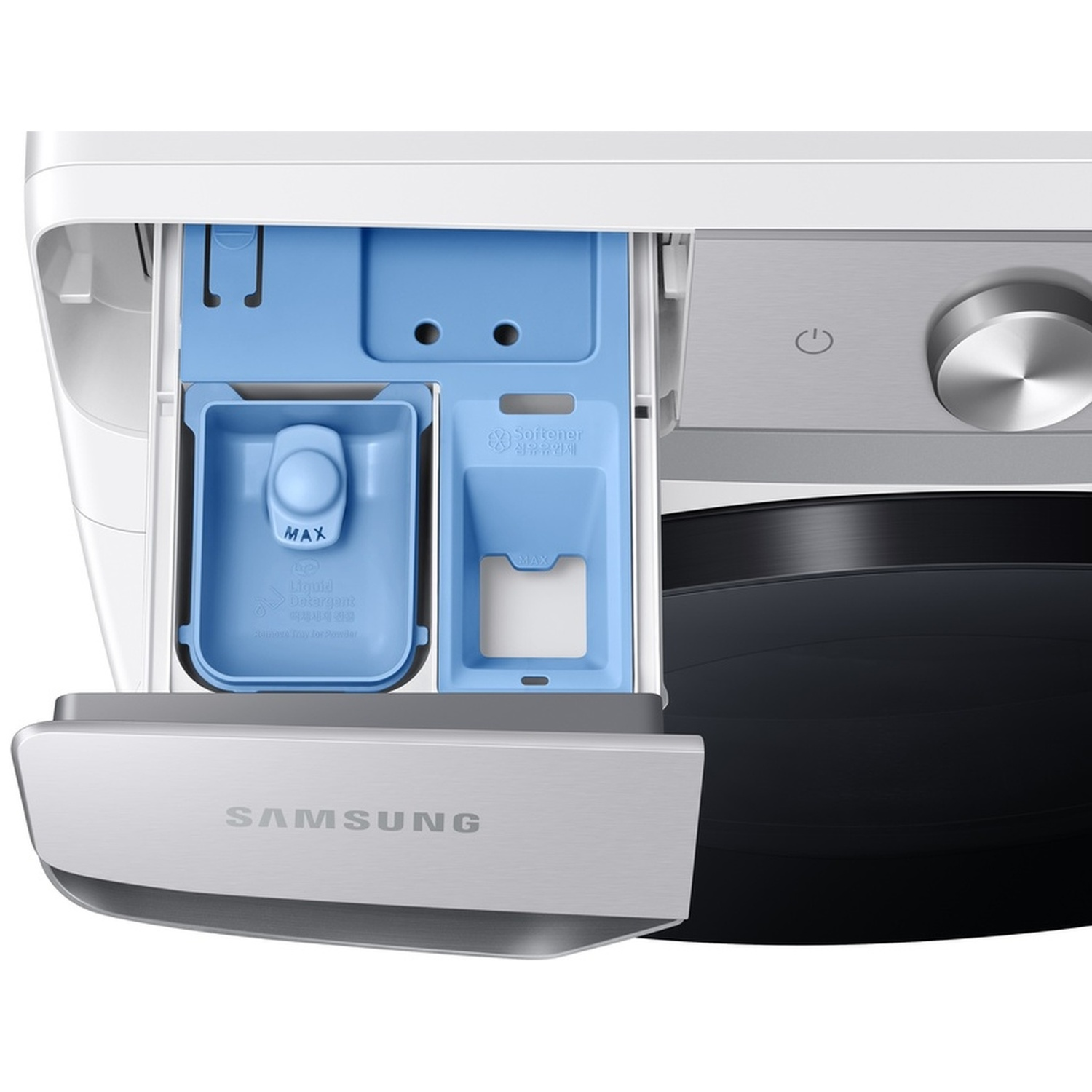 Open zeepbakje van een witte Samsung wasmachine met blauwe vakken.