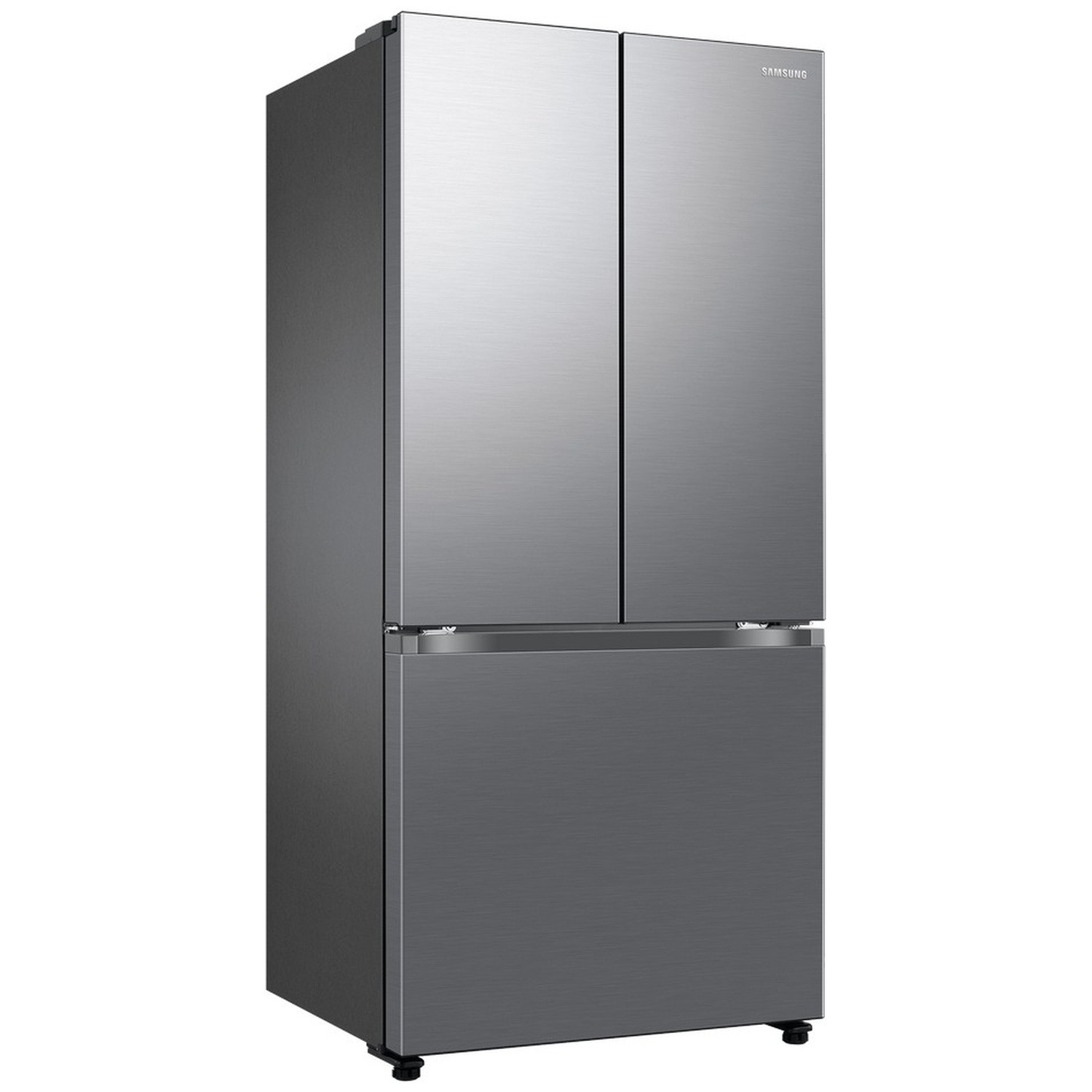 Réfrigérateur Samsung argenté moderne doté de deux portes supérieures et d'un tiroir inférieur sur fond blanc.