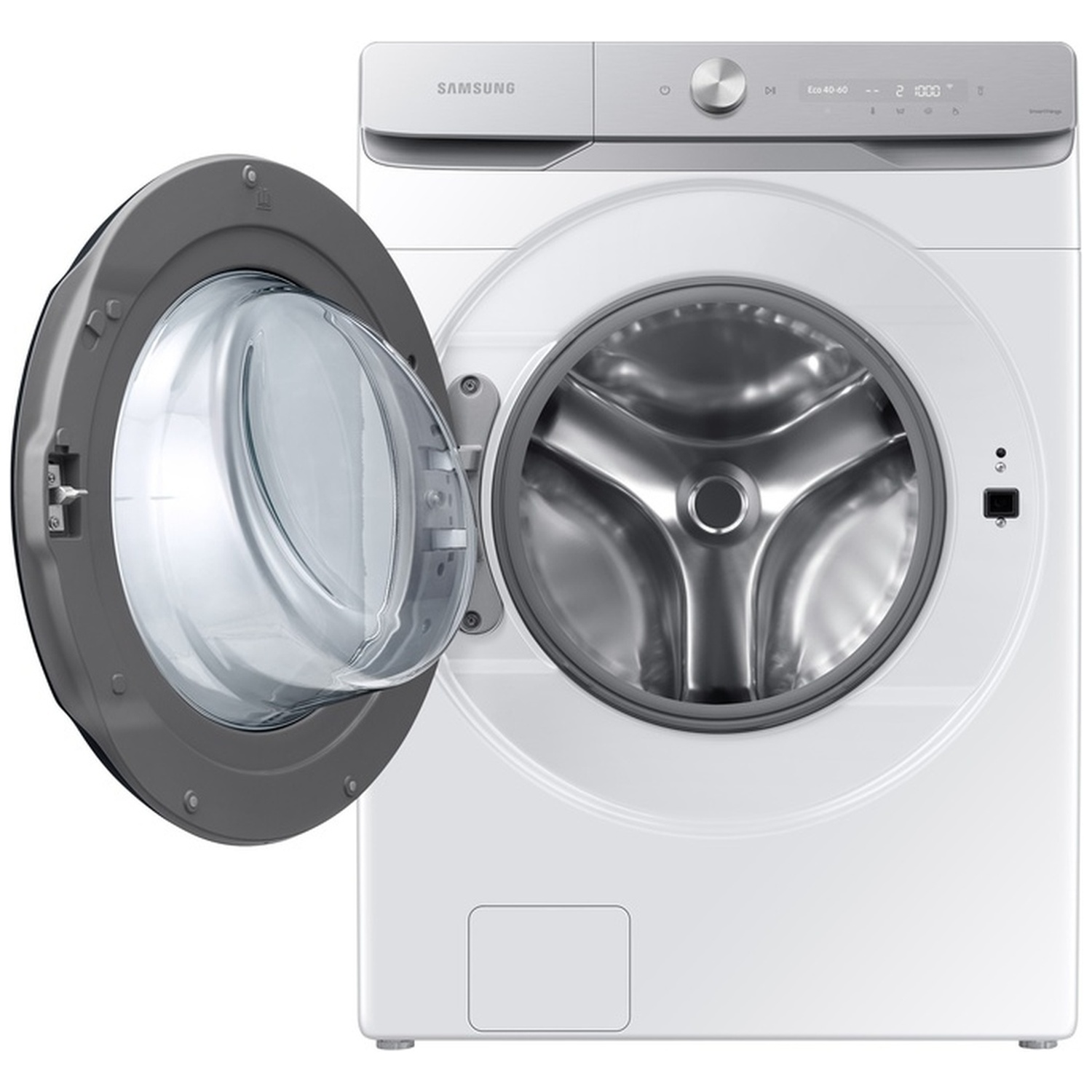 Witte Samsung wasmachine met geopende deur en zilverkleurig bedieningspaneel.