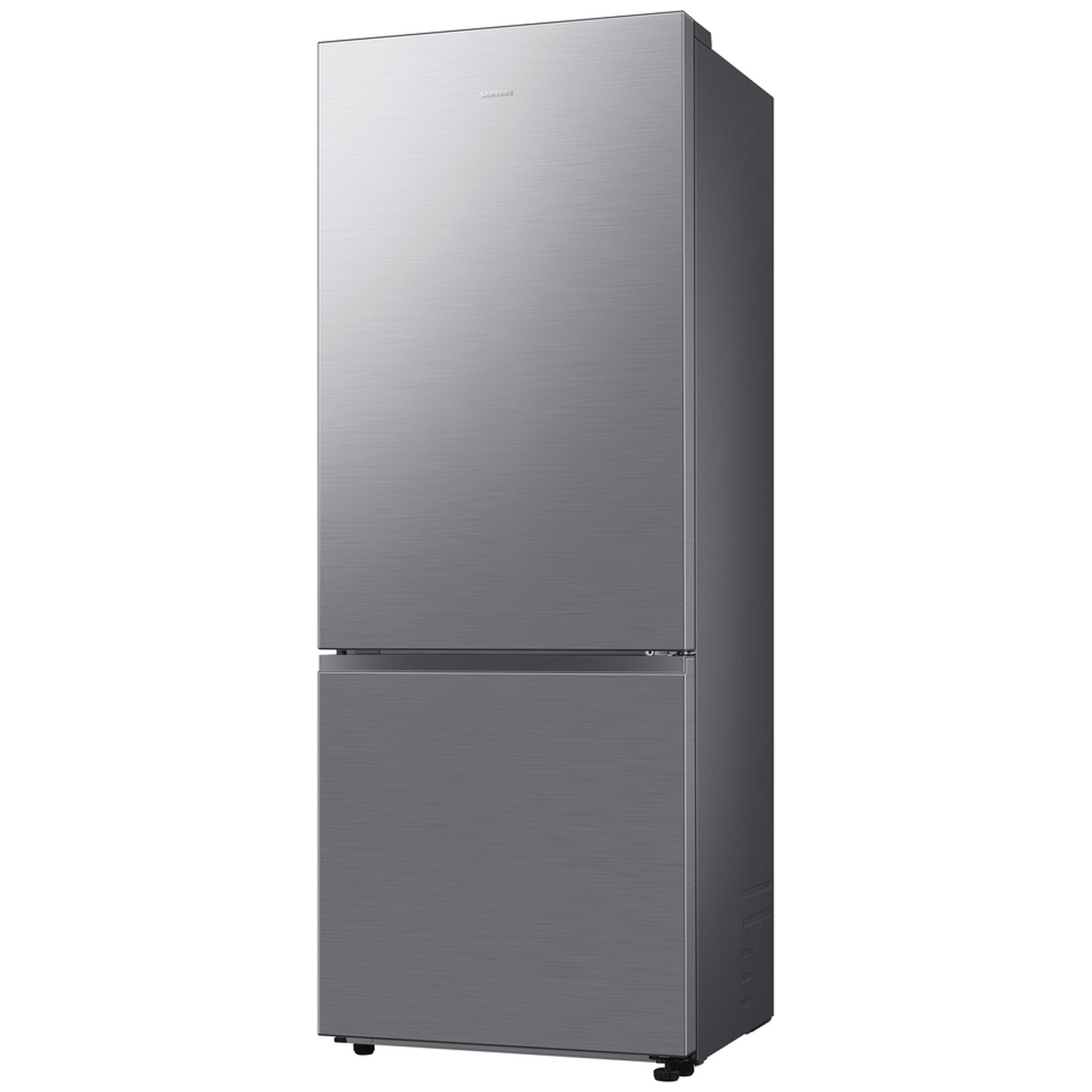 Modern silver Samsung bottom-freezer refrigerator on a white background.