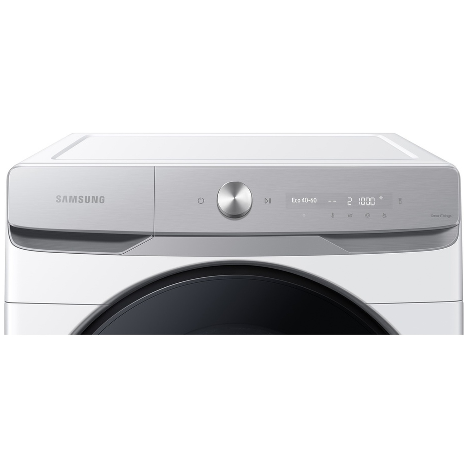 Close-up van het bedieningspaneel van een witte Samsung wasmachine met zilverkleurige draaiknop.